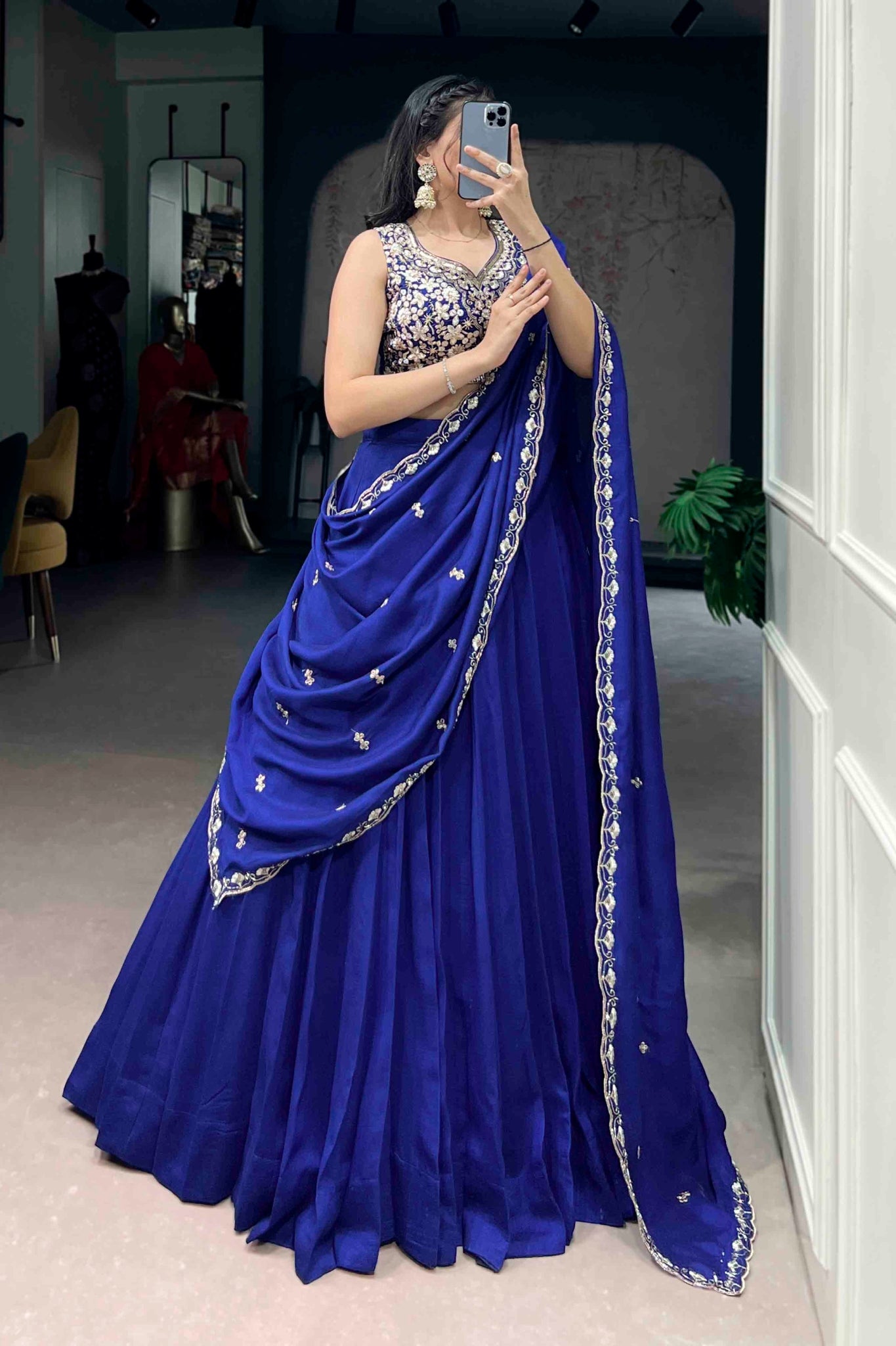 Royal Blue Kashmiri Lehenga Set With Heavy Embroidered Blouse And Dupatta