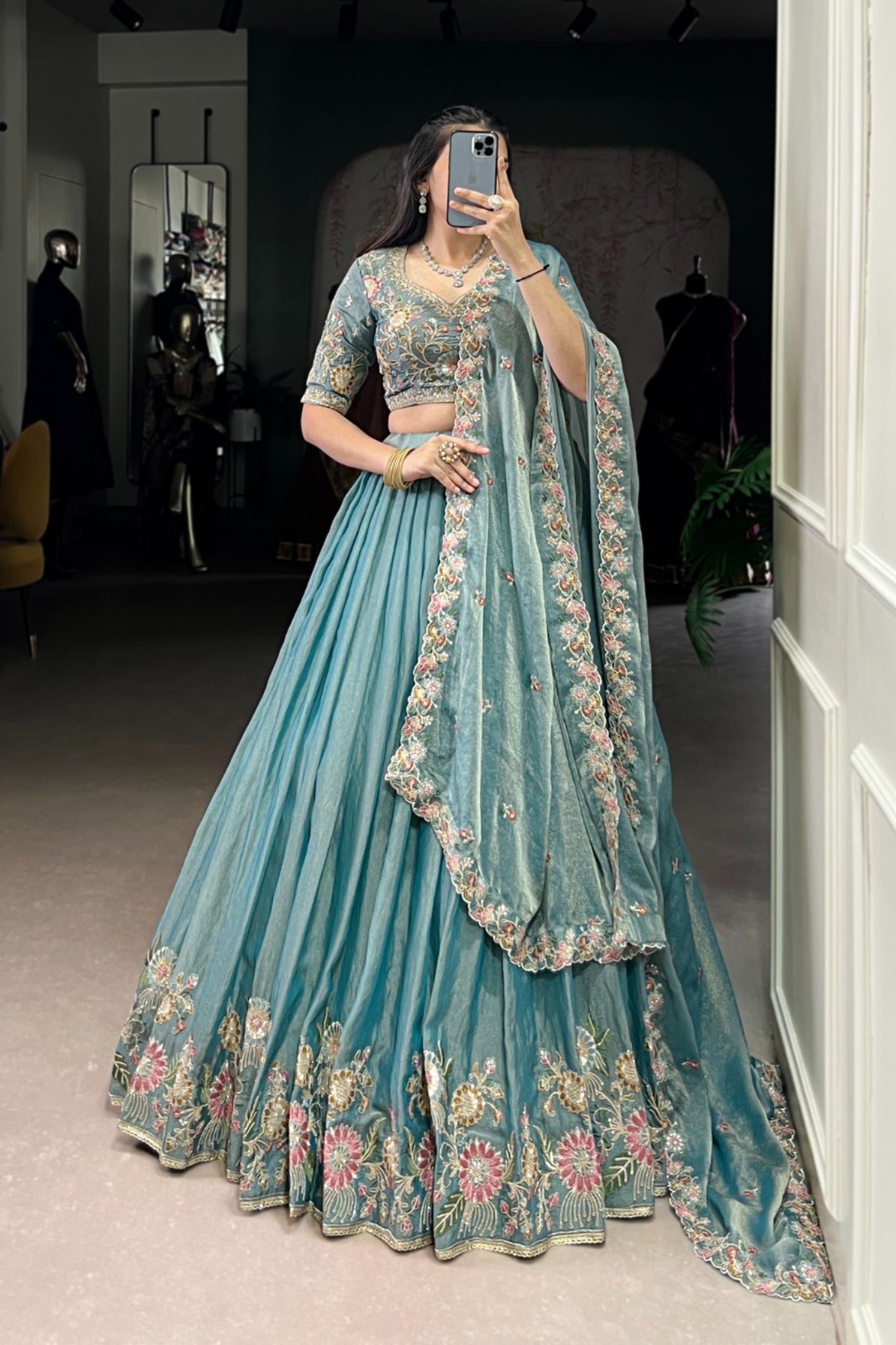 Sky Blue Zari Shimmer Sequins Tread Embroidered Work Wedding Lehenga Choli