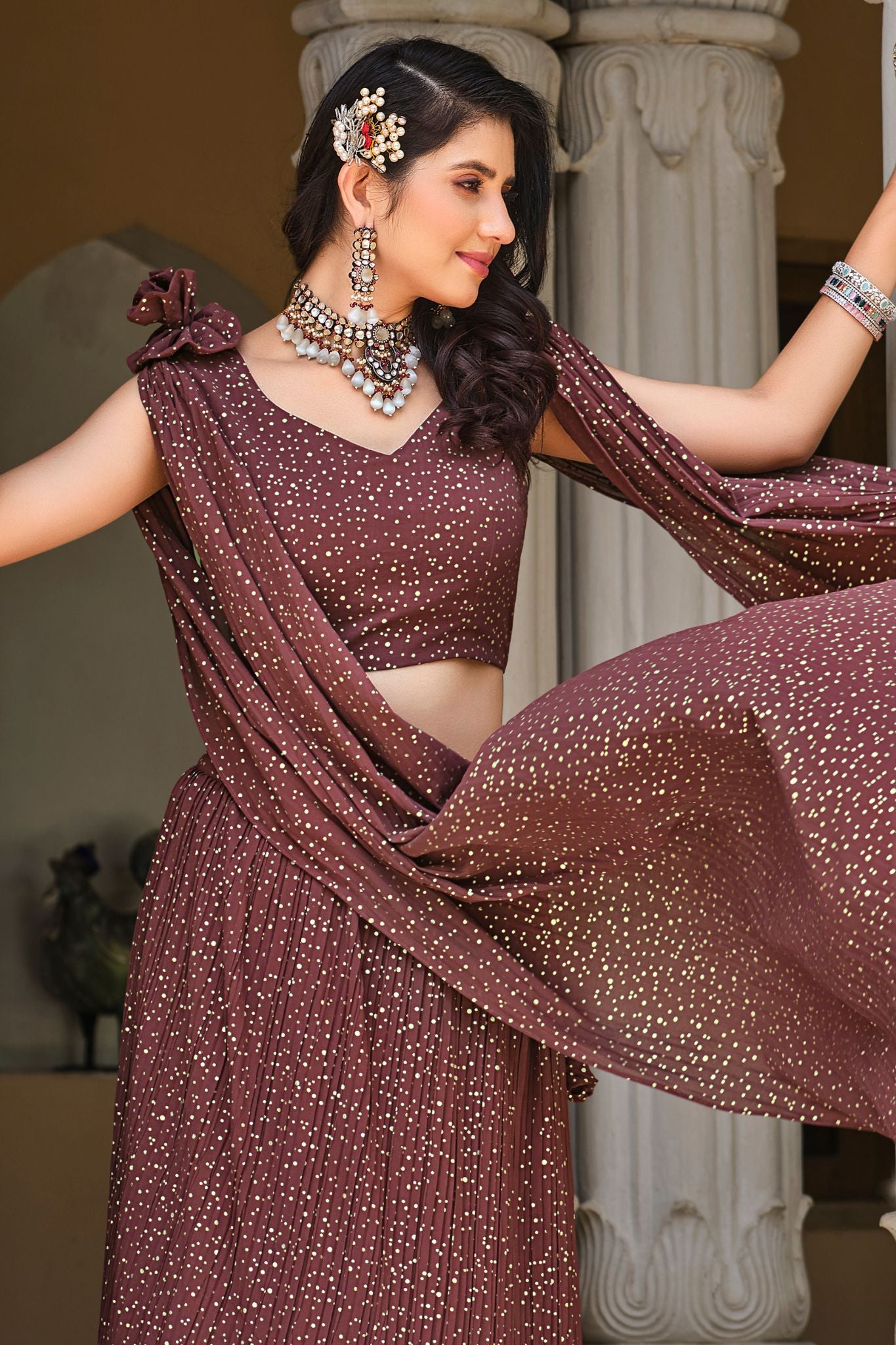 Brown Designer Metallic Foil Work Party Wear Lehenga Choli