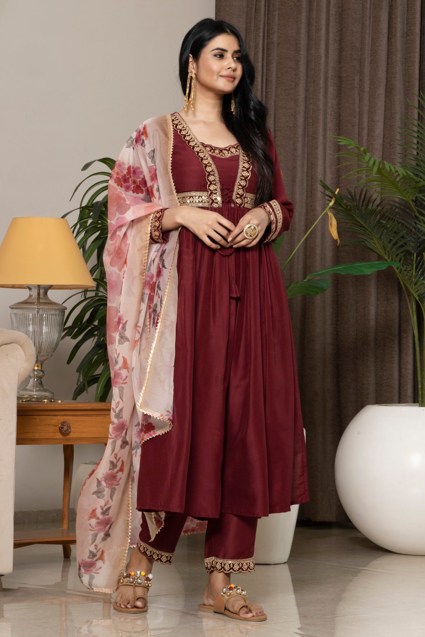 Elegant Maroon Embroidered Anarkali Set With Floral Dupatta