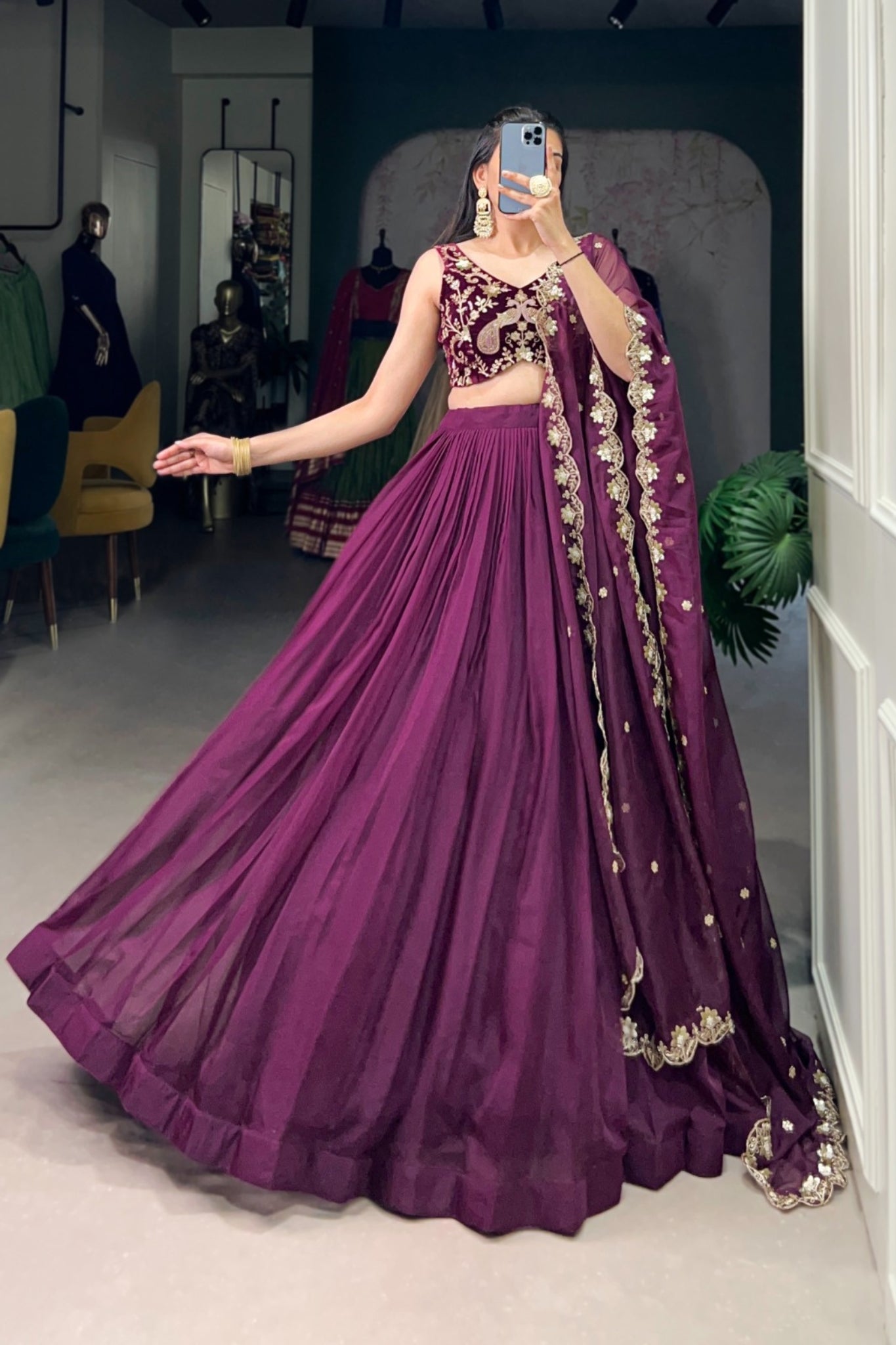 Stunning Wine Organza Lehenga With Thread Embroidered Velvet Blouse