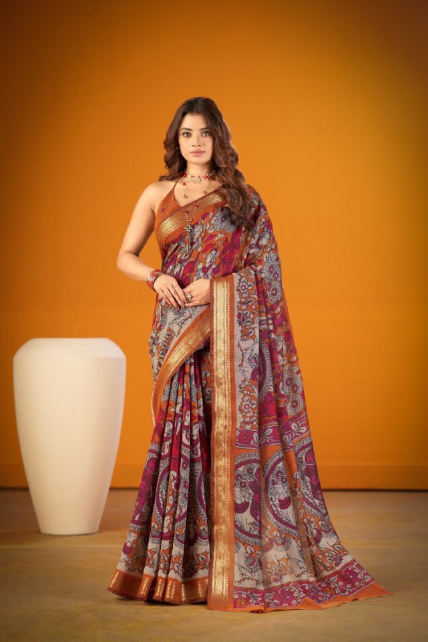 Elegant Kalamkari Chanderi Saree With Rich Zari Woven Border