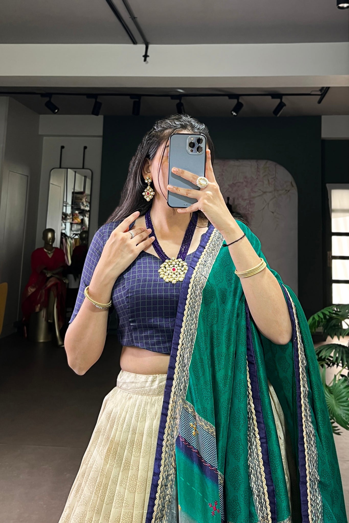 Tasar Silk Tie Dye Lehenga Set With Printed Dupatta And Chex Blouse