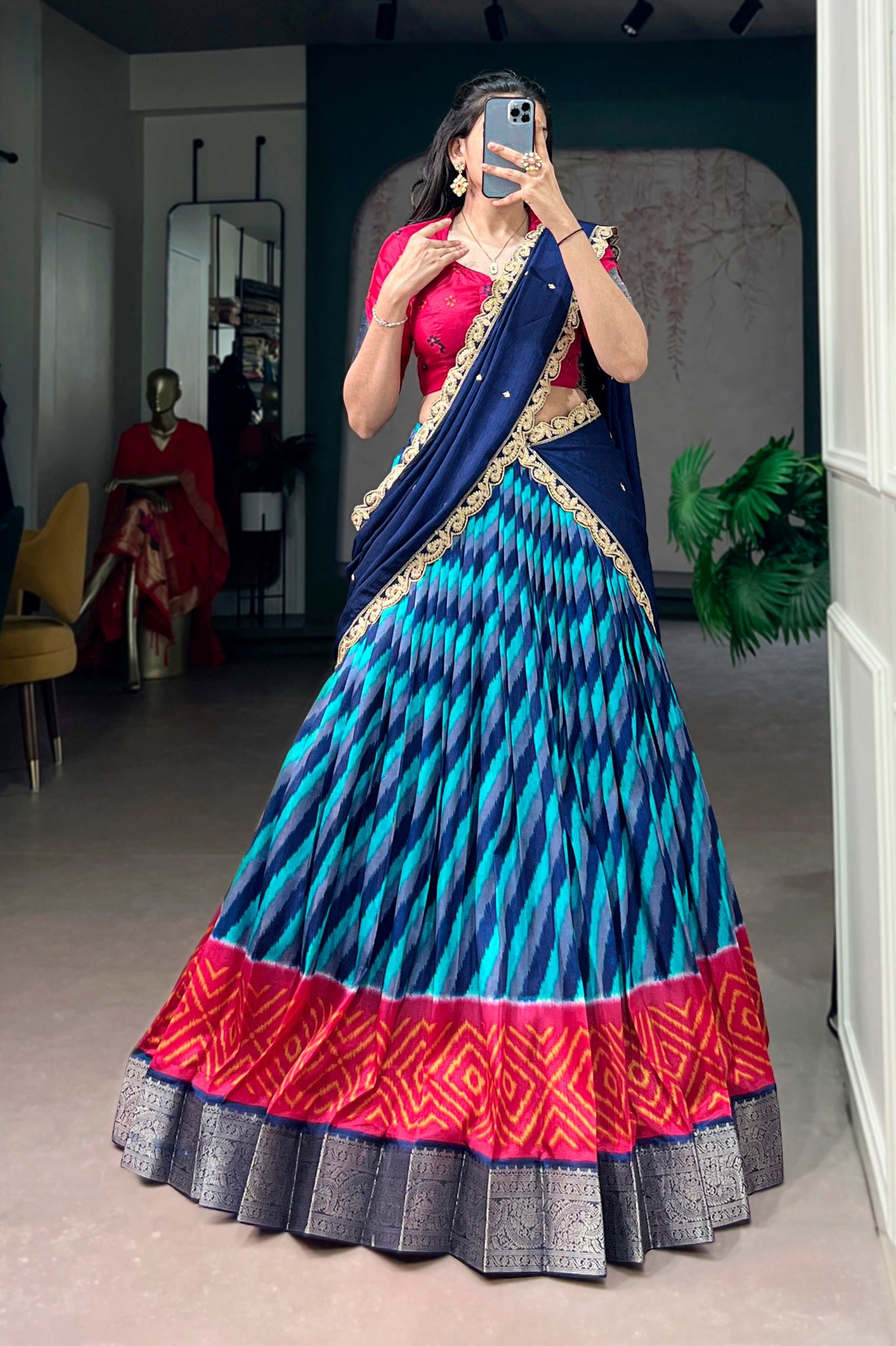 Designer Tasar Silk Leheriya Print Lehenga Choli