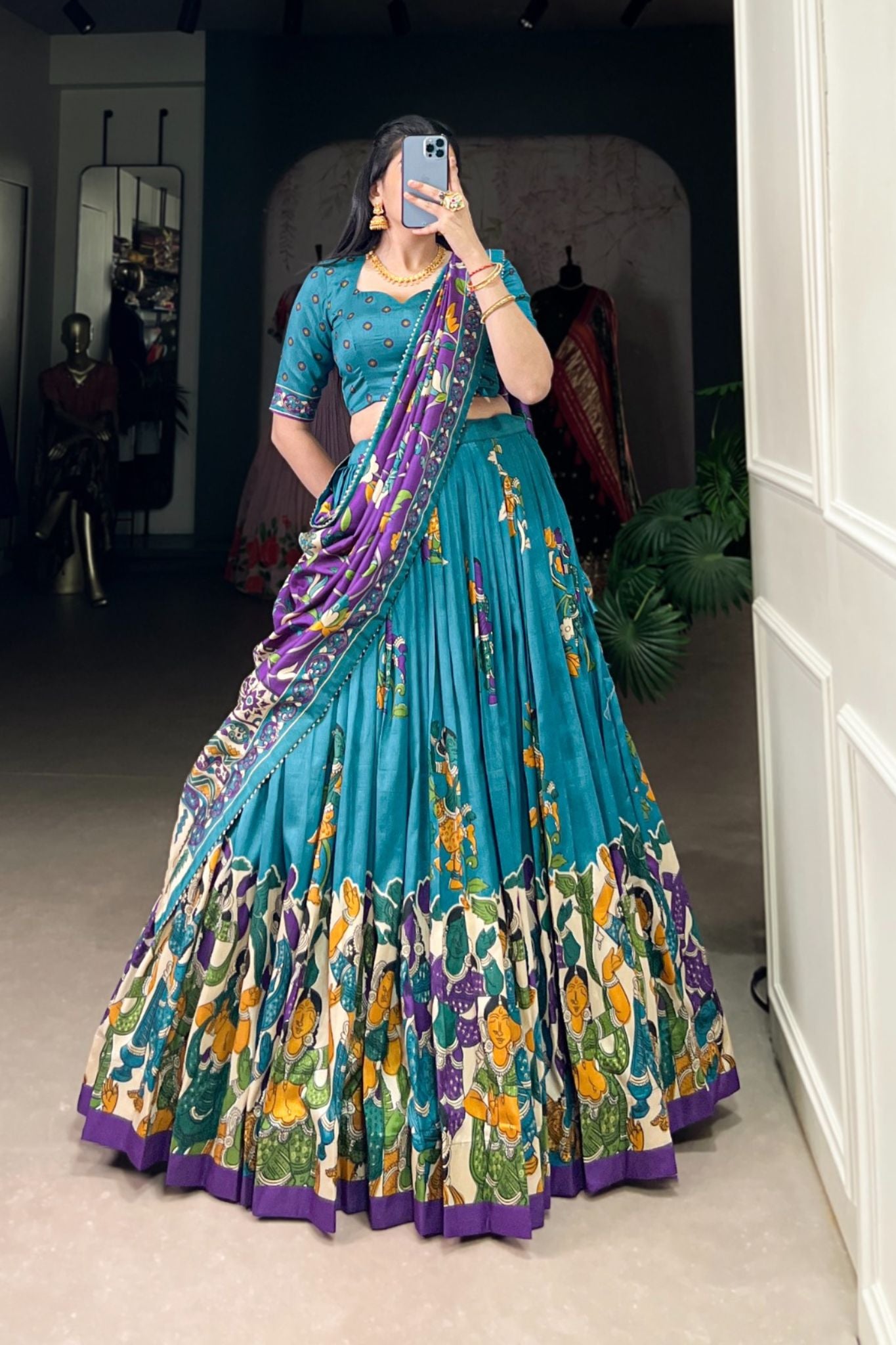 Kalamkari Printed Tussar Silk  Traditional Lehenga Choli