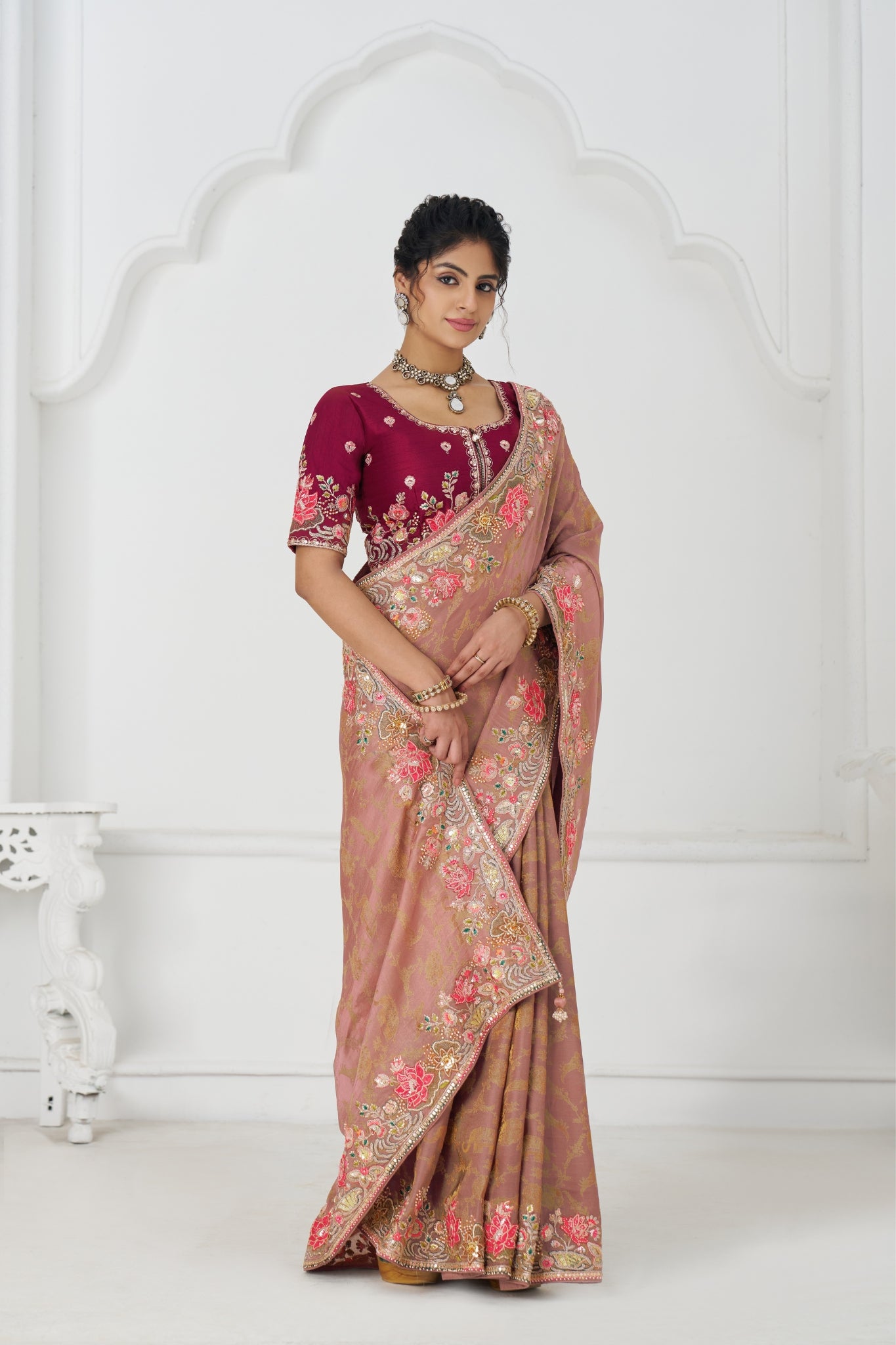 Stunning Peach Pure Dola Viscose Silk Stylish Wedding Saree