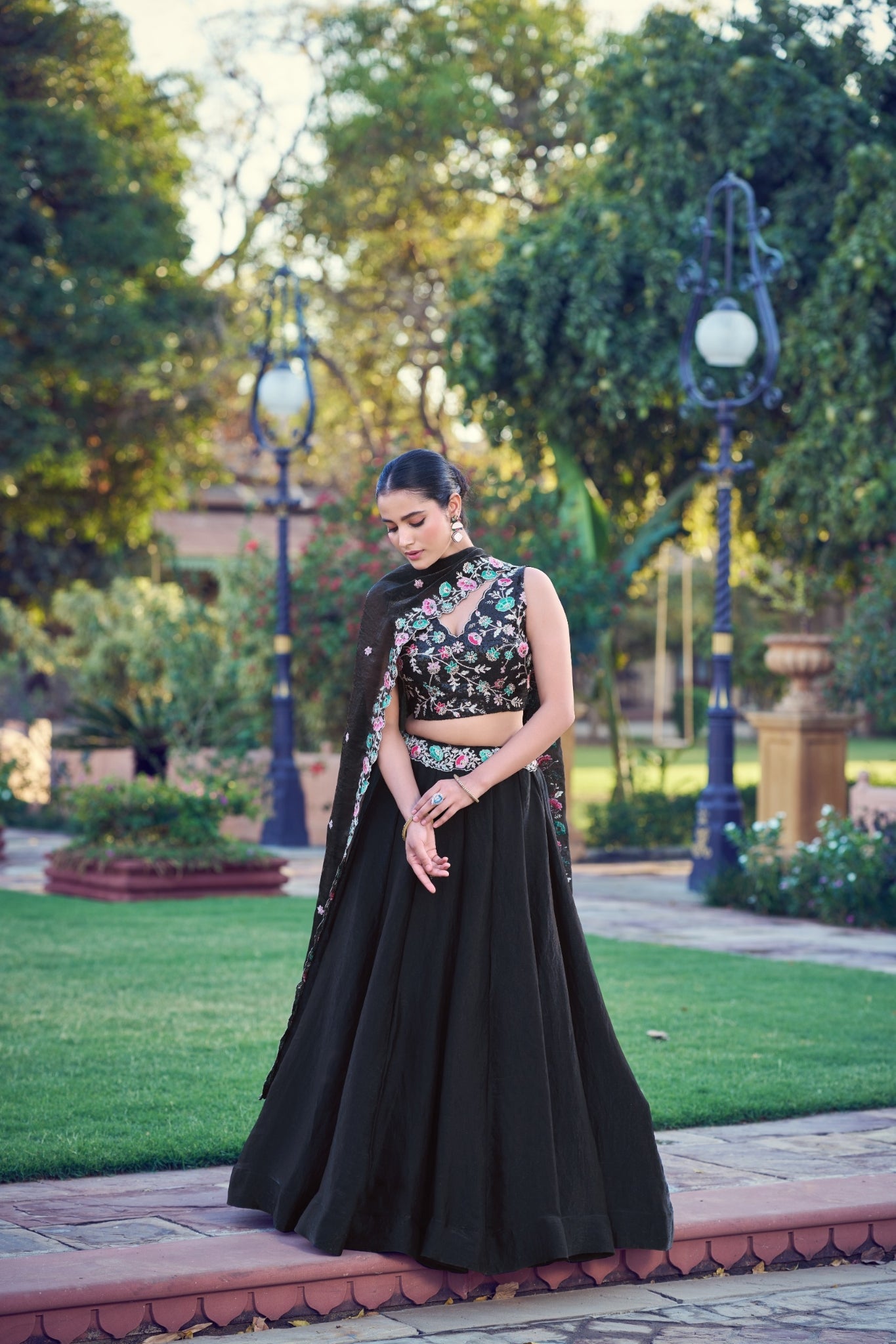 Black Fendi Fabric Lehenga Choli For Women With Sequins And Thread Embroidery