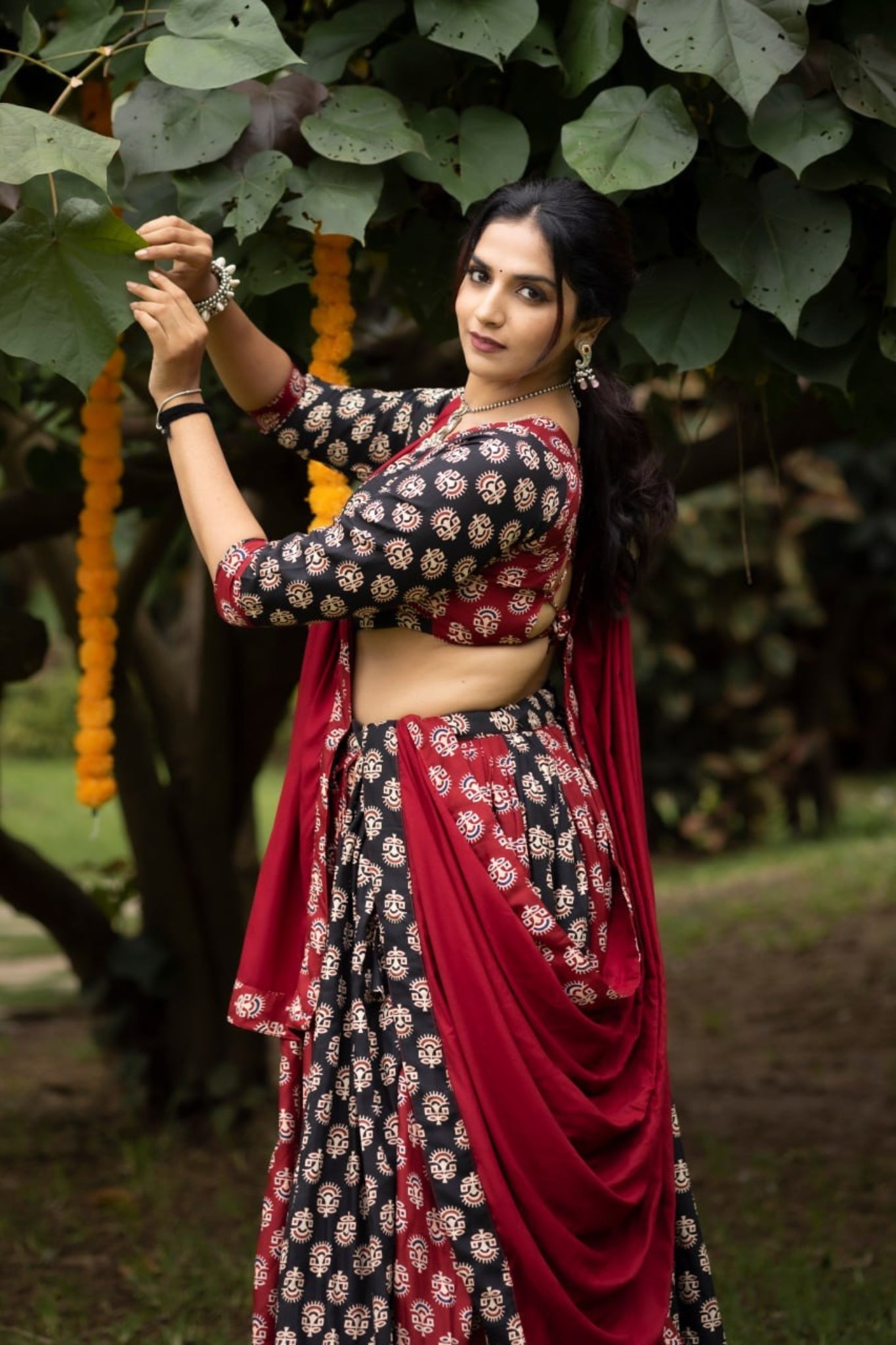 RaasRang Maroon Ajrakh Print Navratri Lehenga Choli For Women