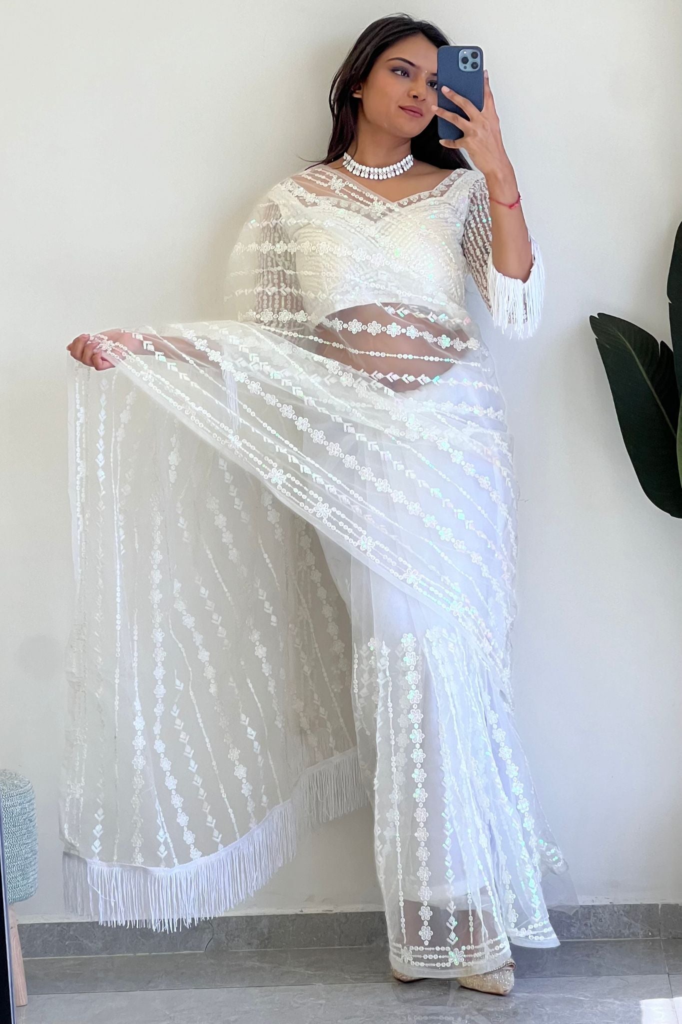 Sequence With Thread Work White Net Saree