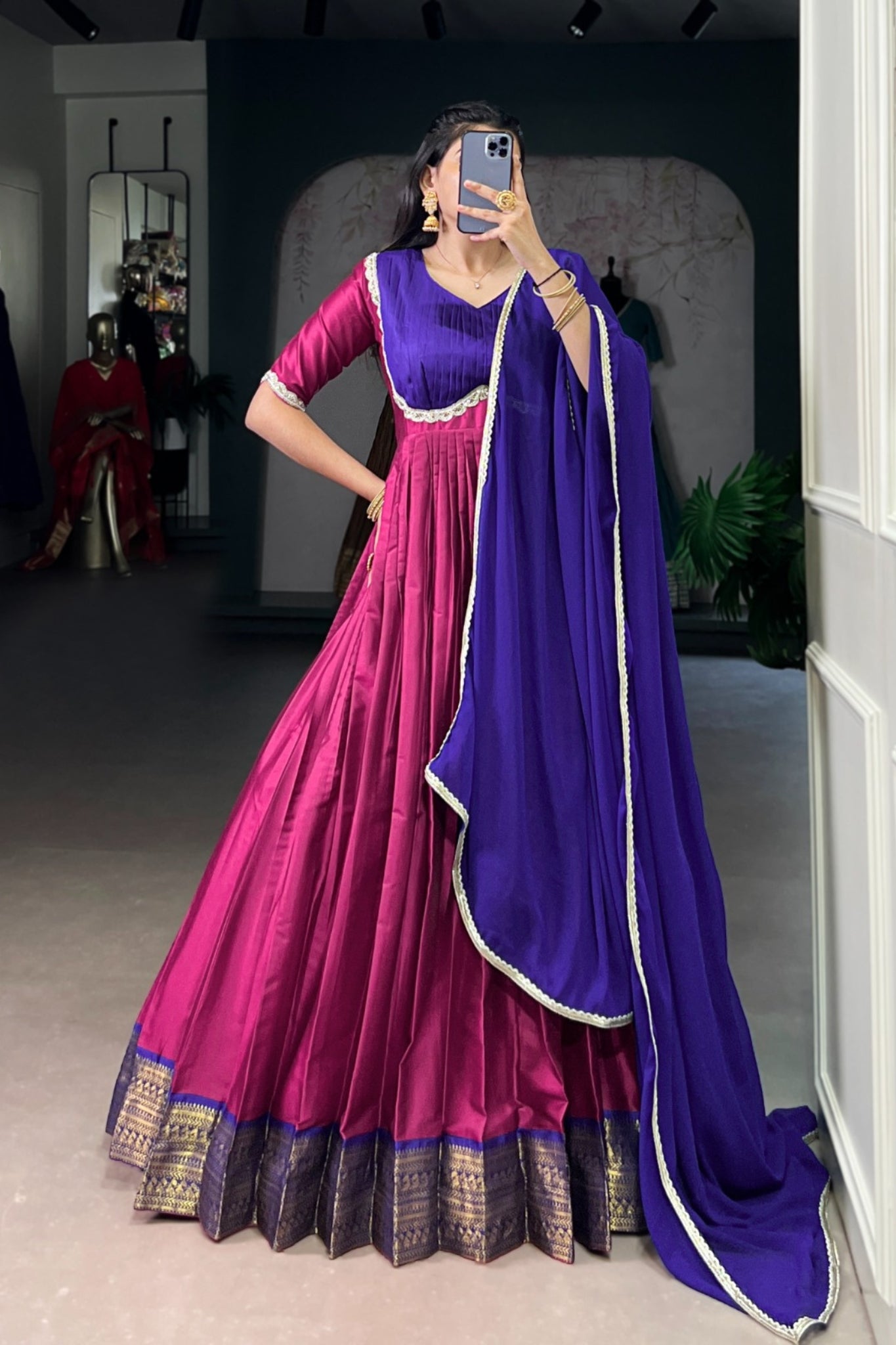 Designer Aura Silk Zari Weaving Gown With Georgette Lace Dupatta