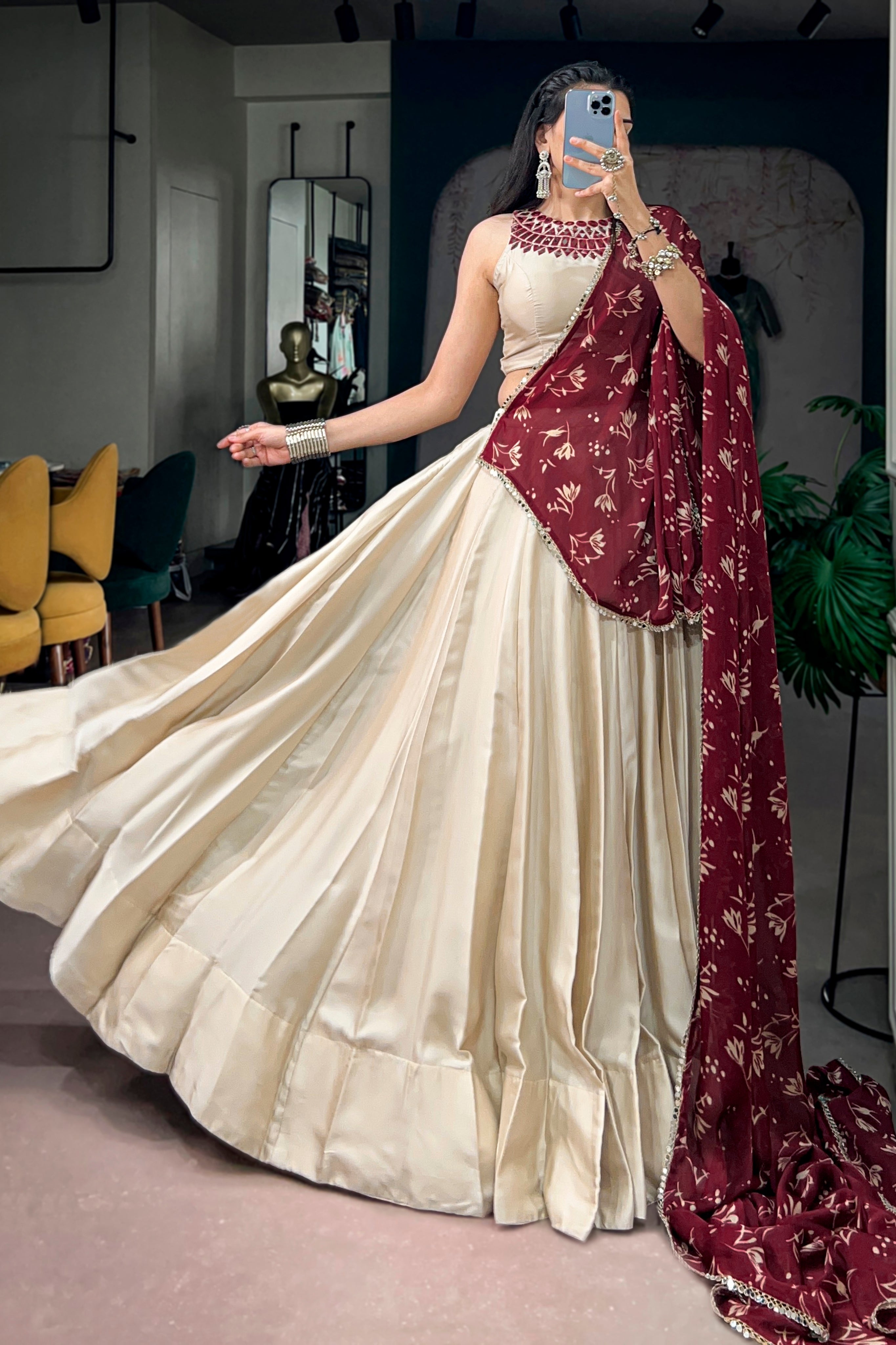 Navratri Special Lehenga Choli With Real Mirror Work Blouse & Maroon Beautiful Printed Dupatta