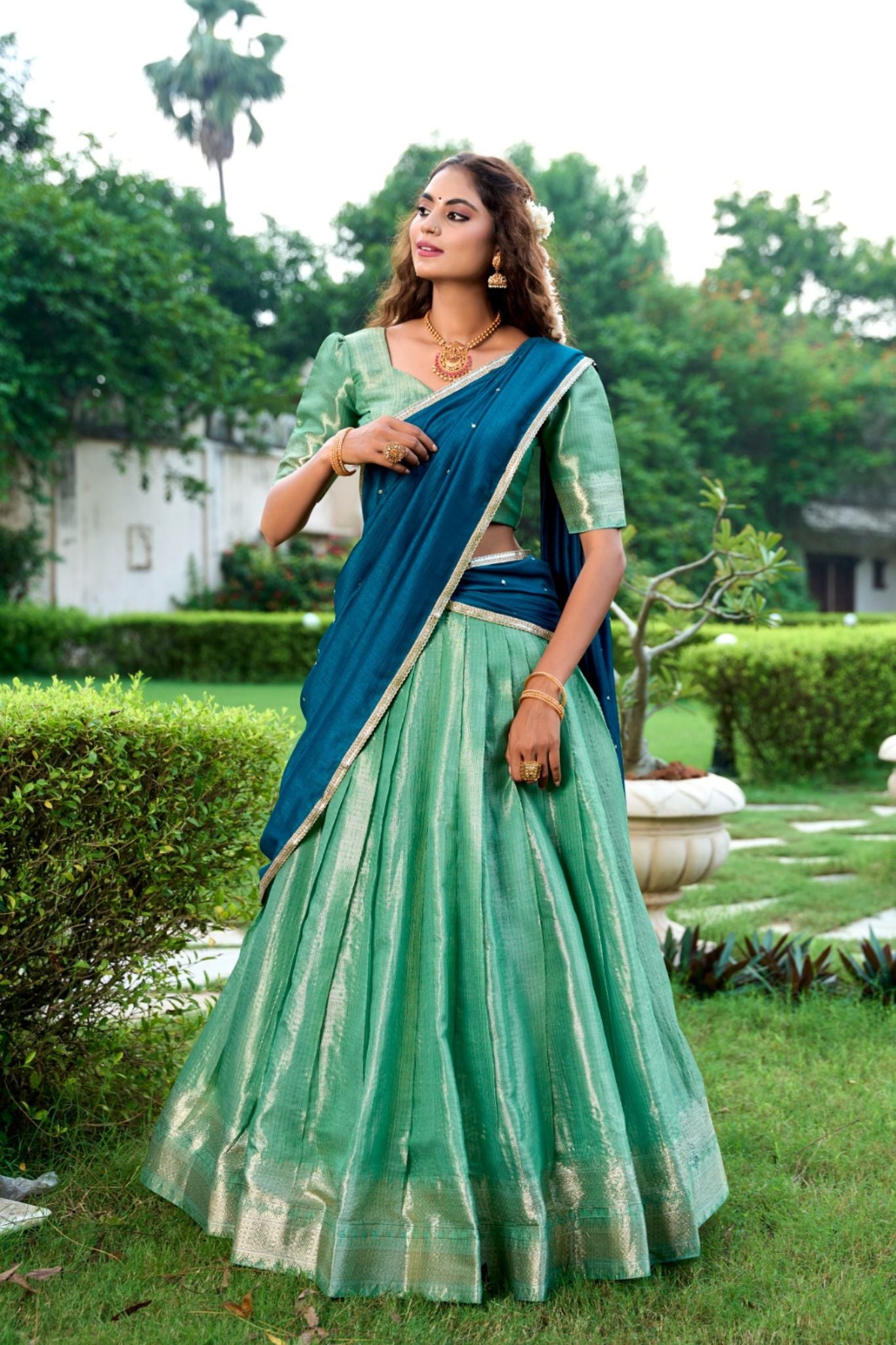 Kanchipuram Silk Lehenga Collection Green, Beige, and Pink with Contrasting Dupattas