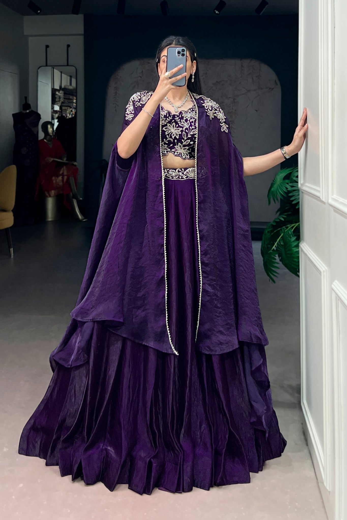 Premium Fendi Silk Lehenga Choli Set With Embroidered Shrug