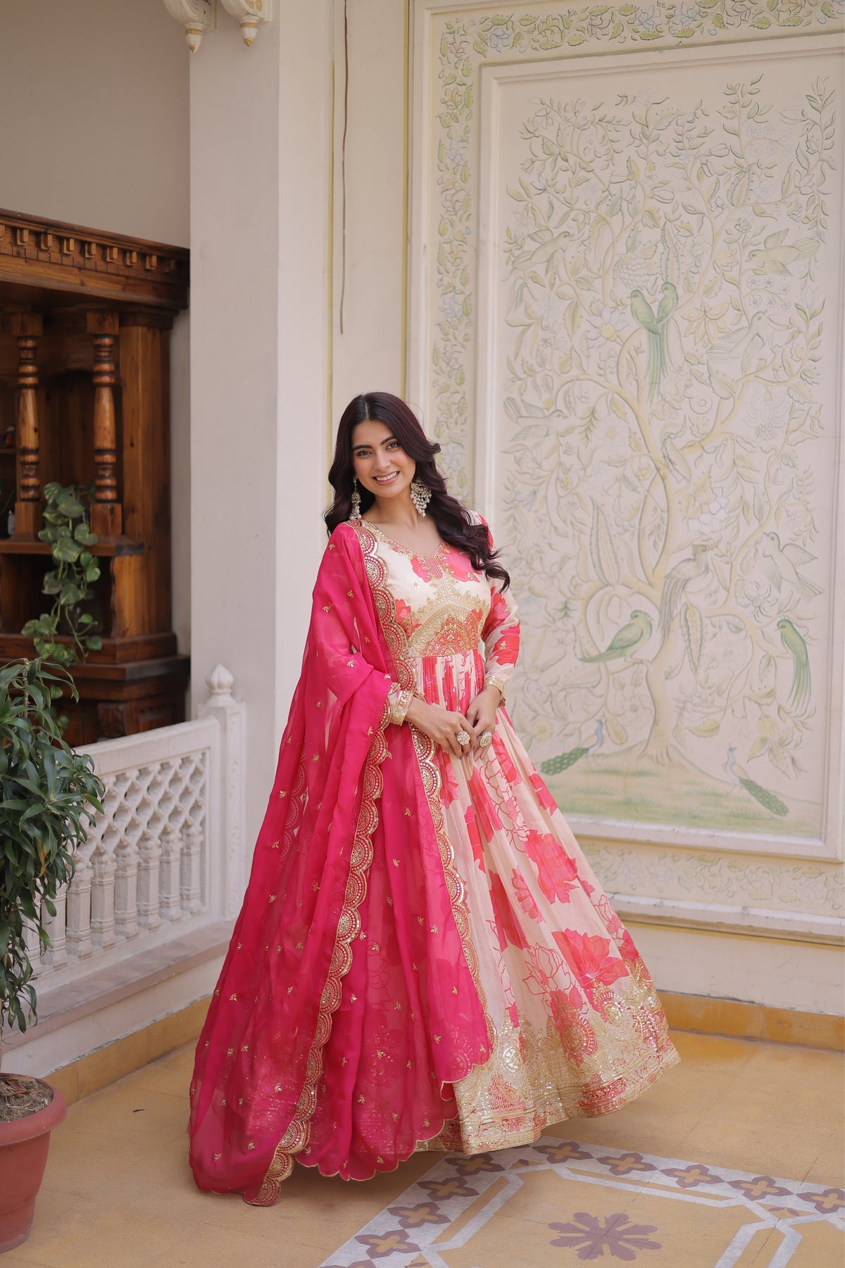 Designer Pink Floral Anarkali Gown with Dupatta Set