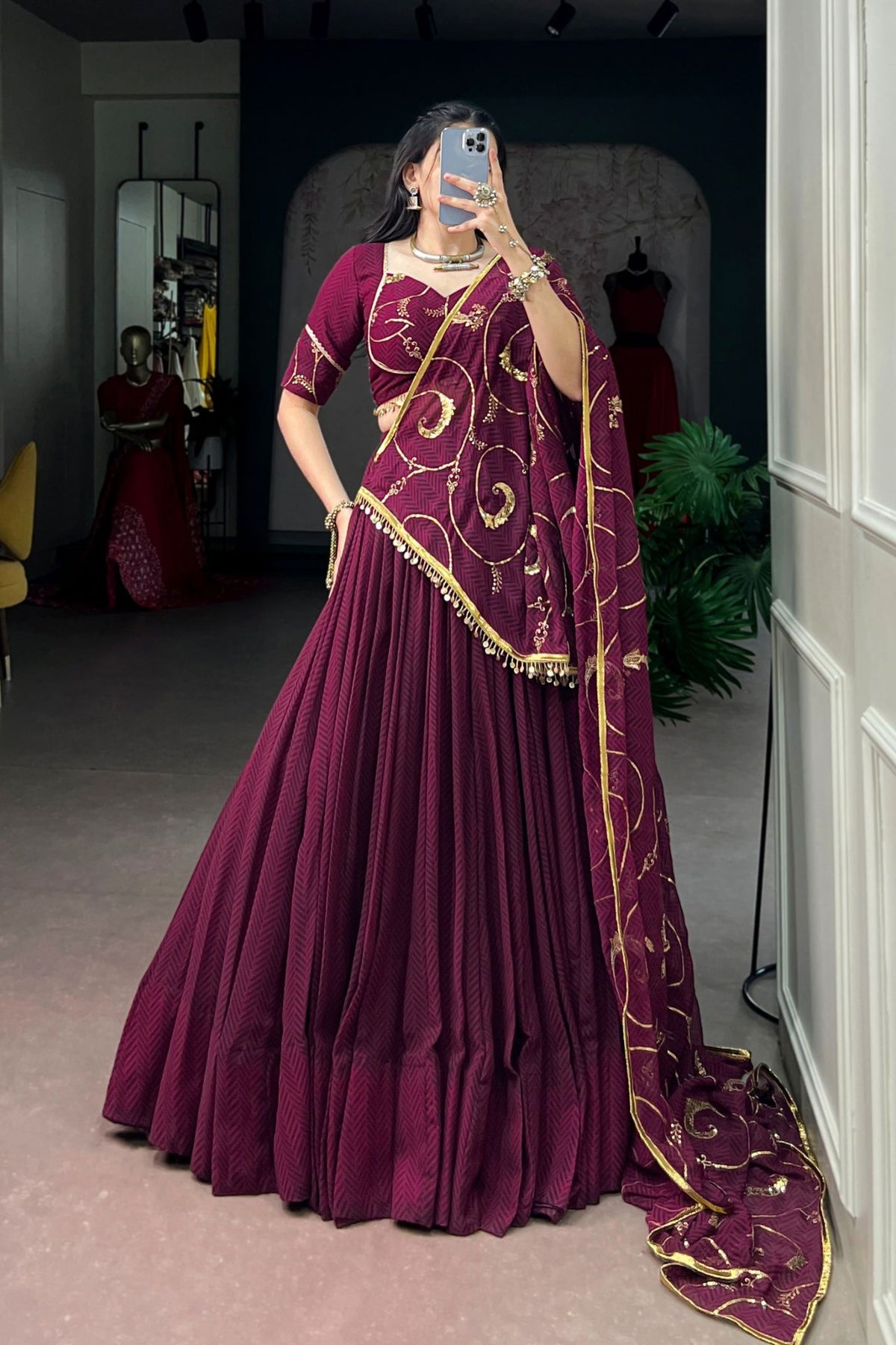 Wine Lightweight Designer Sequins Thread Embroidery Work Garba Lehenga Choli