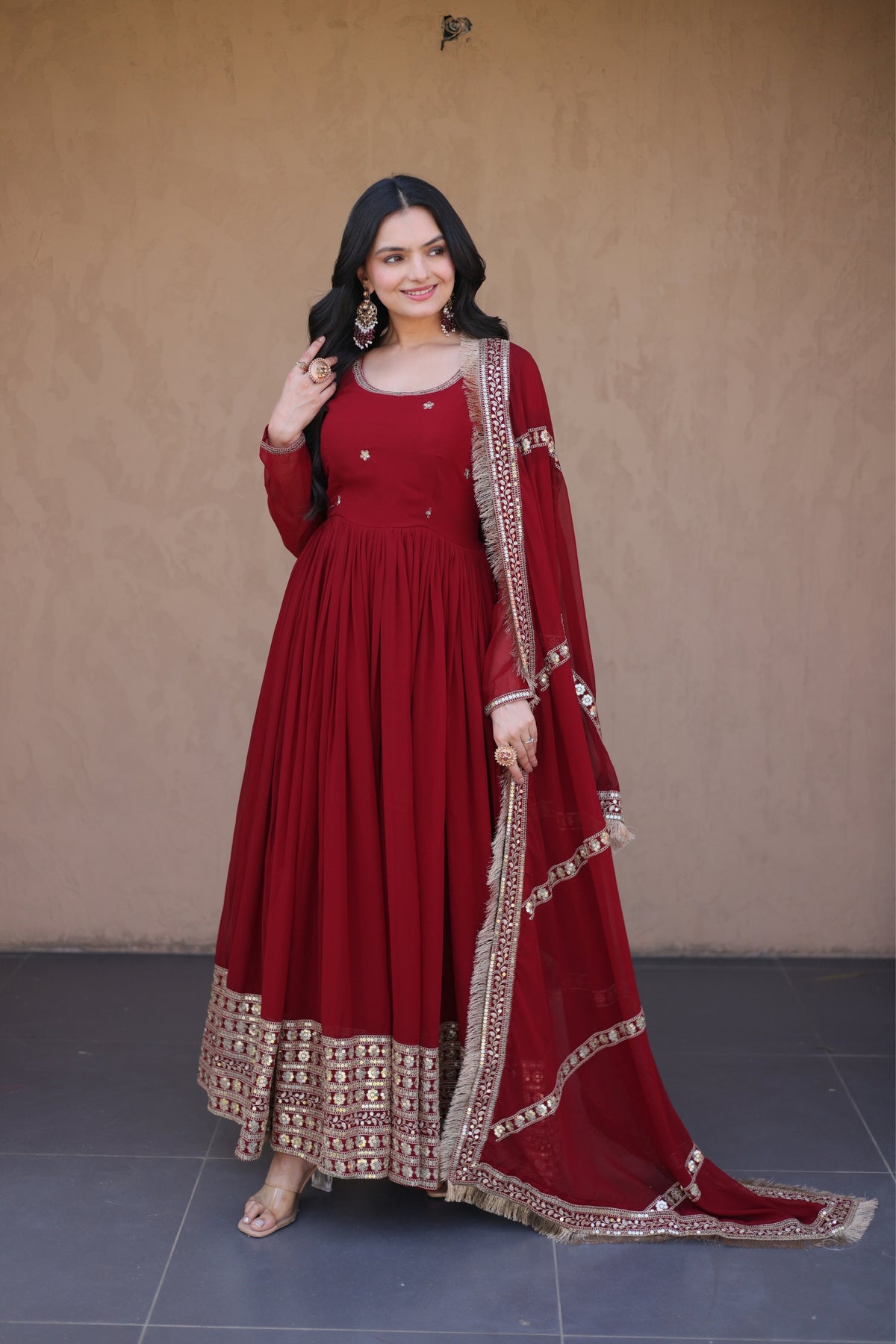 Designer Faux Blooming Anarkali Gown With Dupatta Set
