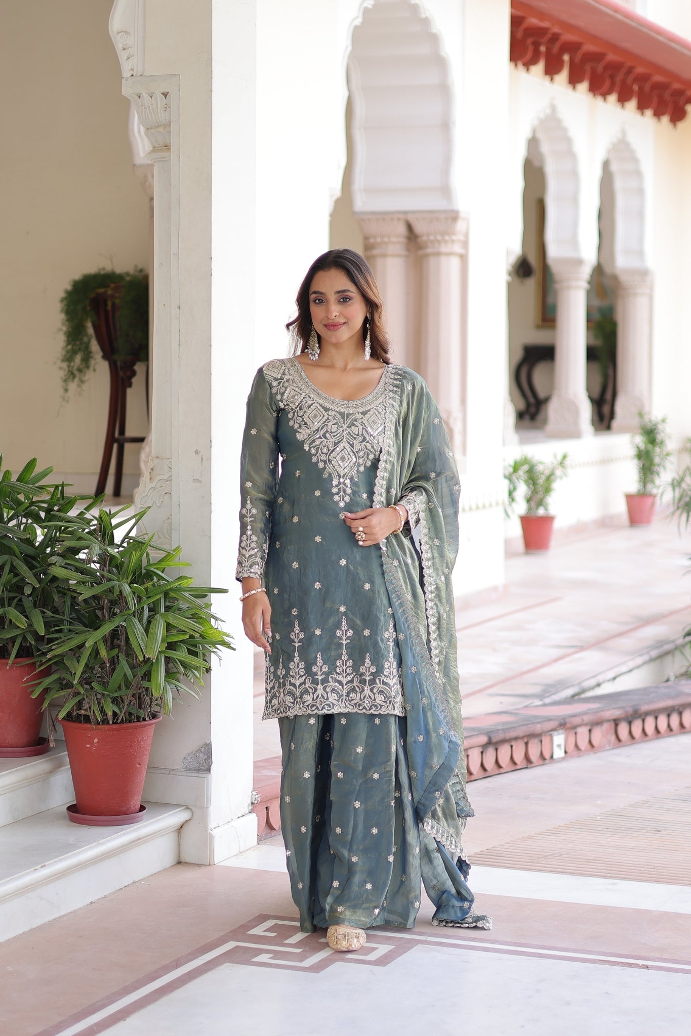 Designer Fendi Silk Kurti Sharara Set With Coding Sequins Embroidery