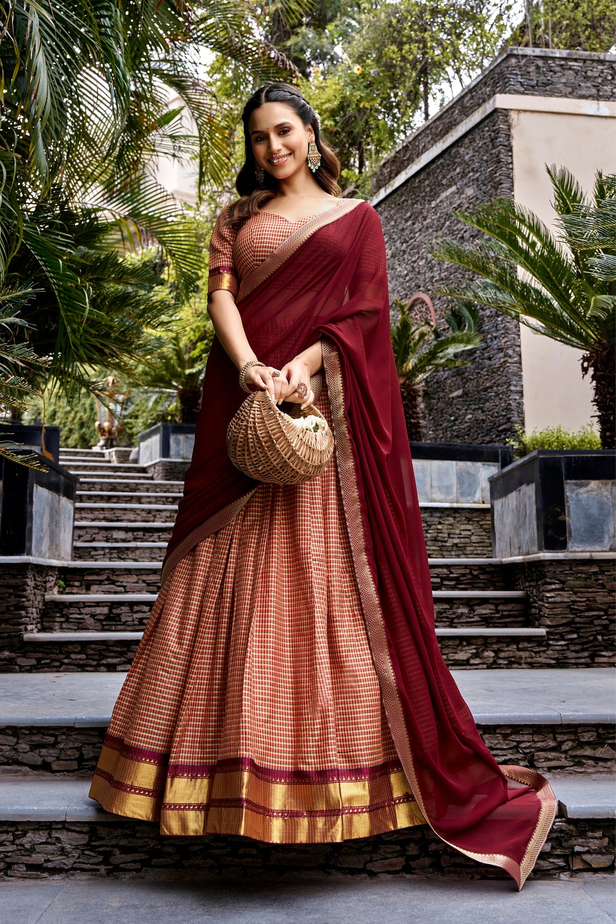 Maroon Kanchi Cotton Chex Designer Festive Wear Lehenga Choli