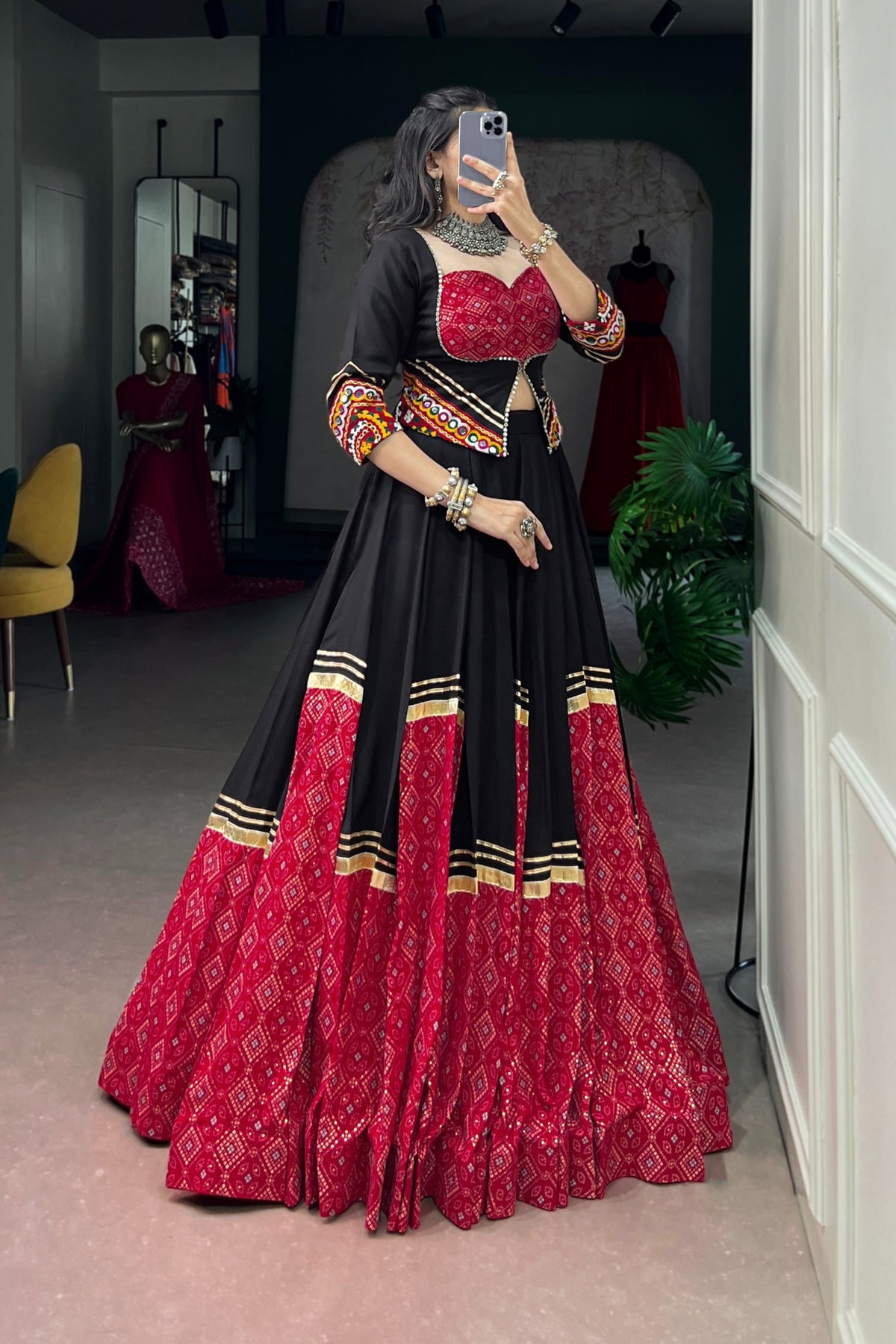 Rayon Navratri Bandhej Print Designer Gamthi Work Lehenga Choli