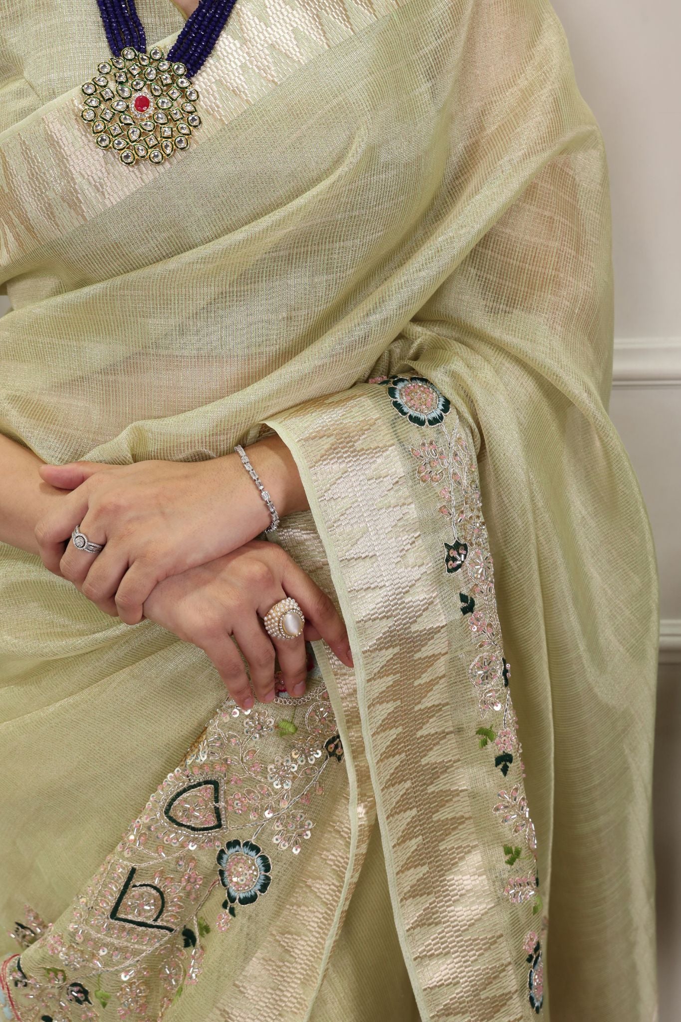 Premium Zari Kota Tissue Saree | Embroidery Beads Work Zari Weaving Border