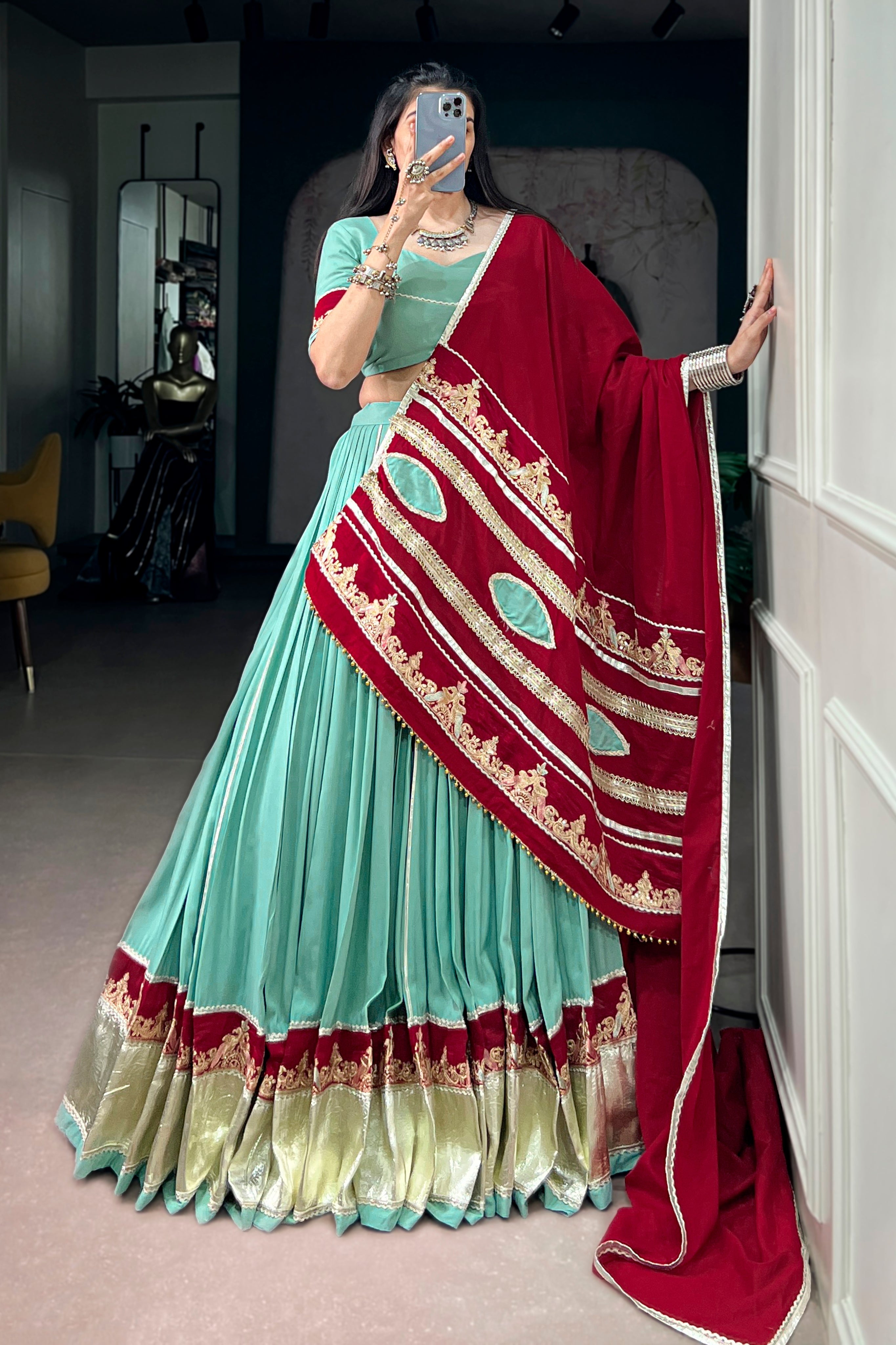 Sea Green Pure Rayon Navratri Special Designer Lehenga Choli With Maroon Embroidered Dupatta