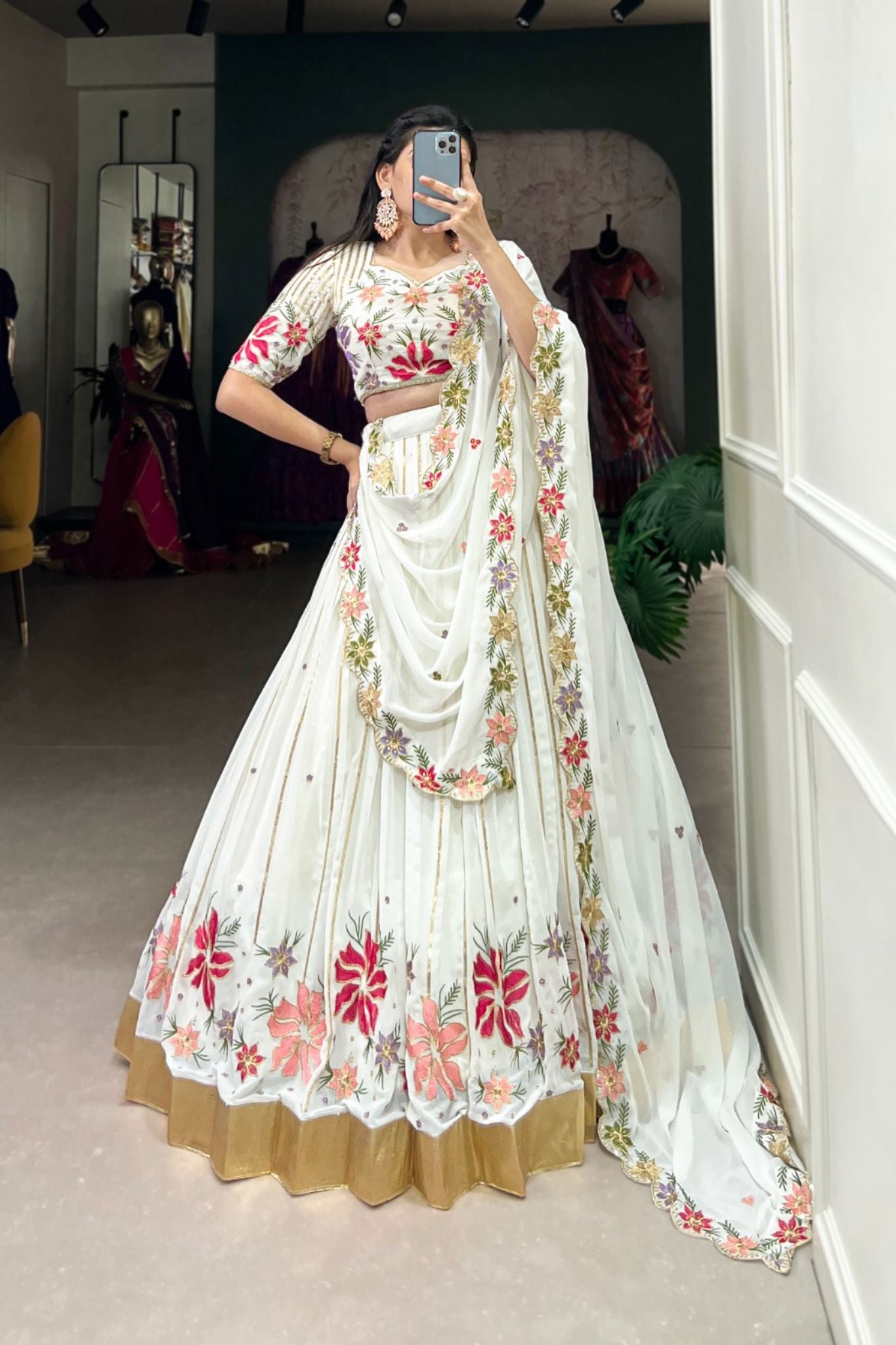 White Georgette Tread Embroidery Work Lehenga Choli