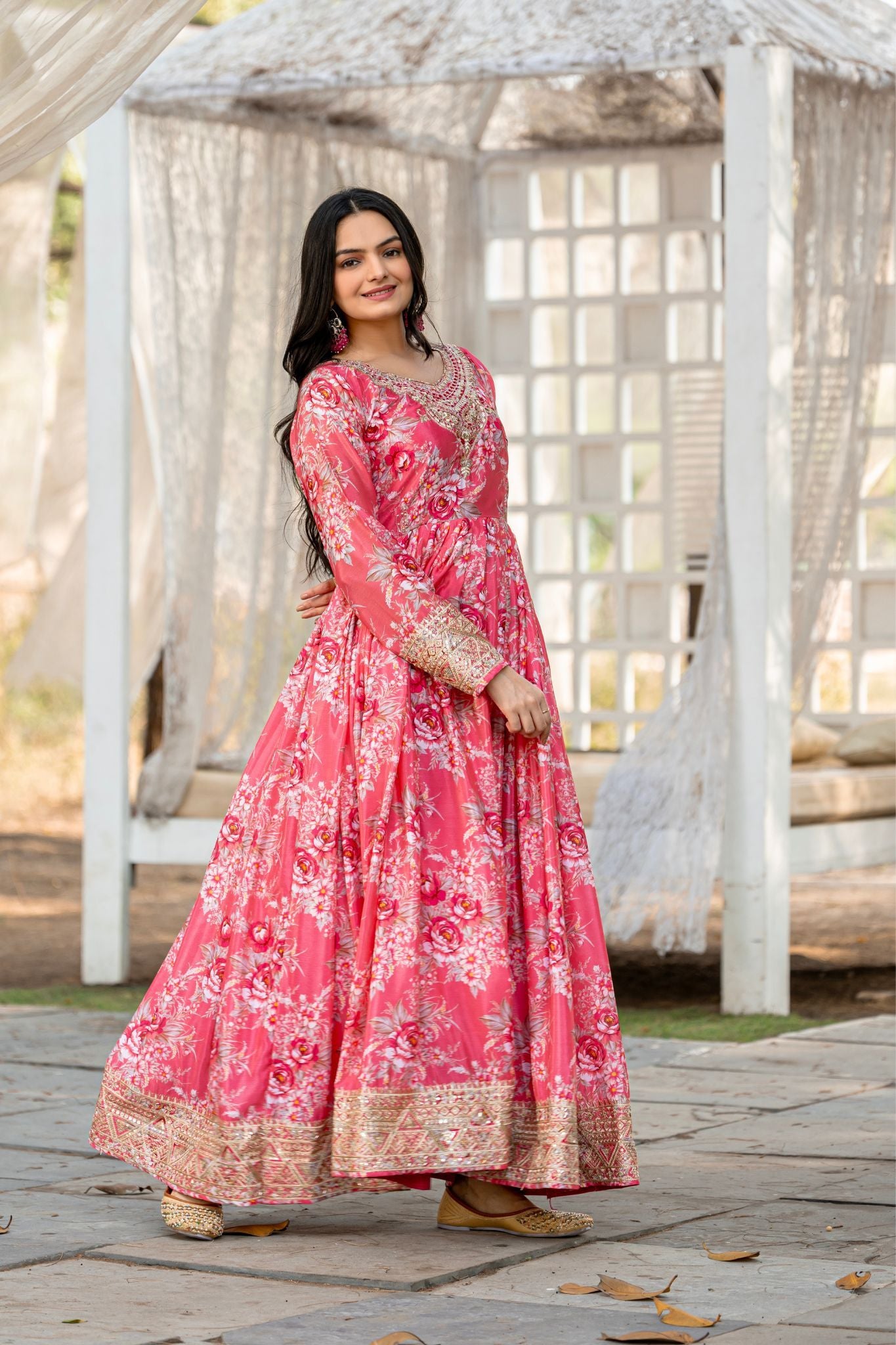 Stunning Pink Floral Embroidered With Printed Anarkali Dress