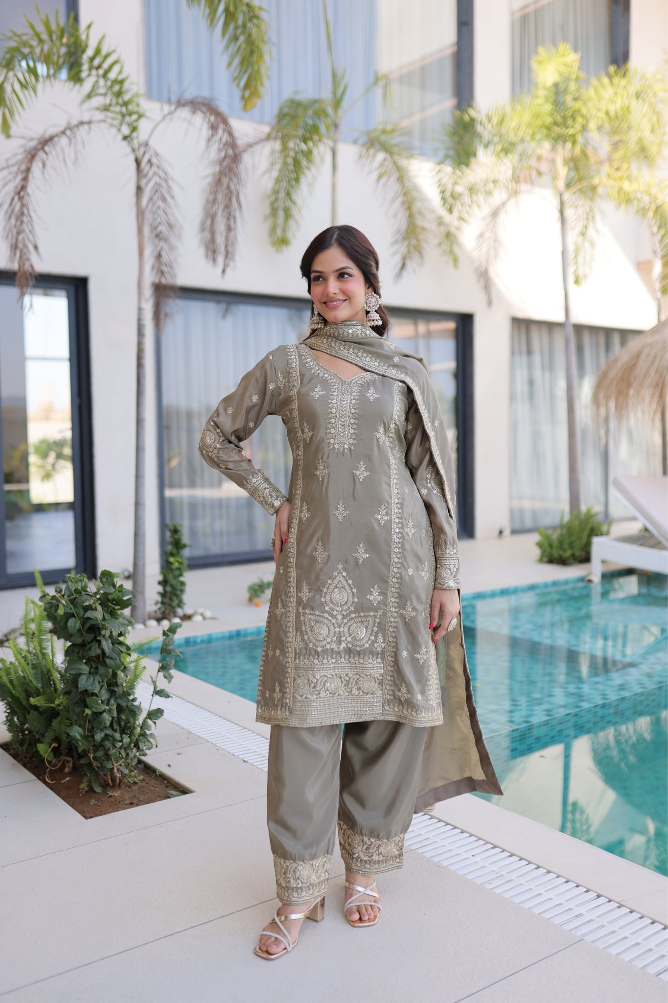 Luxury Ho Silk Designer Multi With Thread Embroidery Suit Set