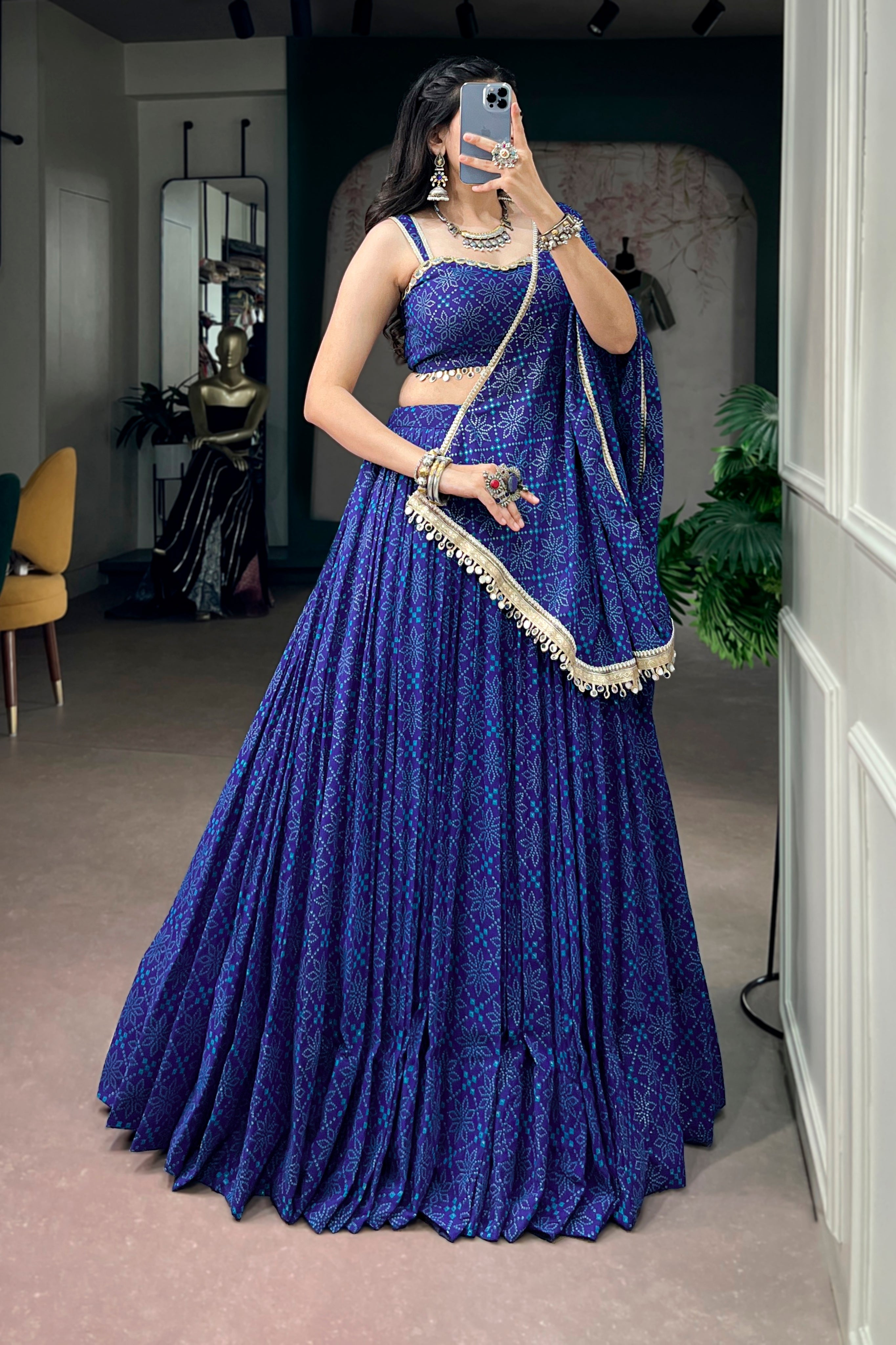 Royal Blue Navratri Special Georgette Bandhej Foil Print Lehenga Choli With Mirror Lace Border