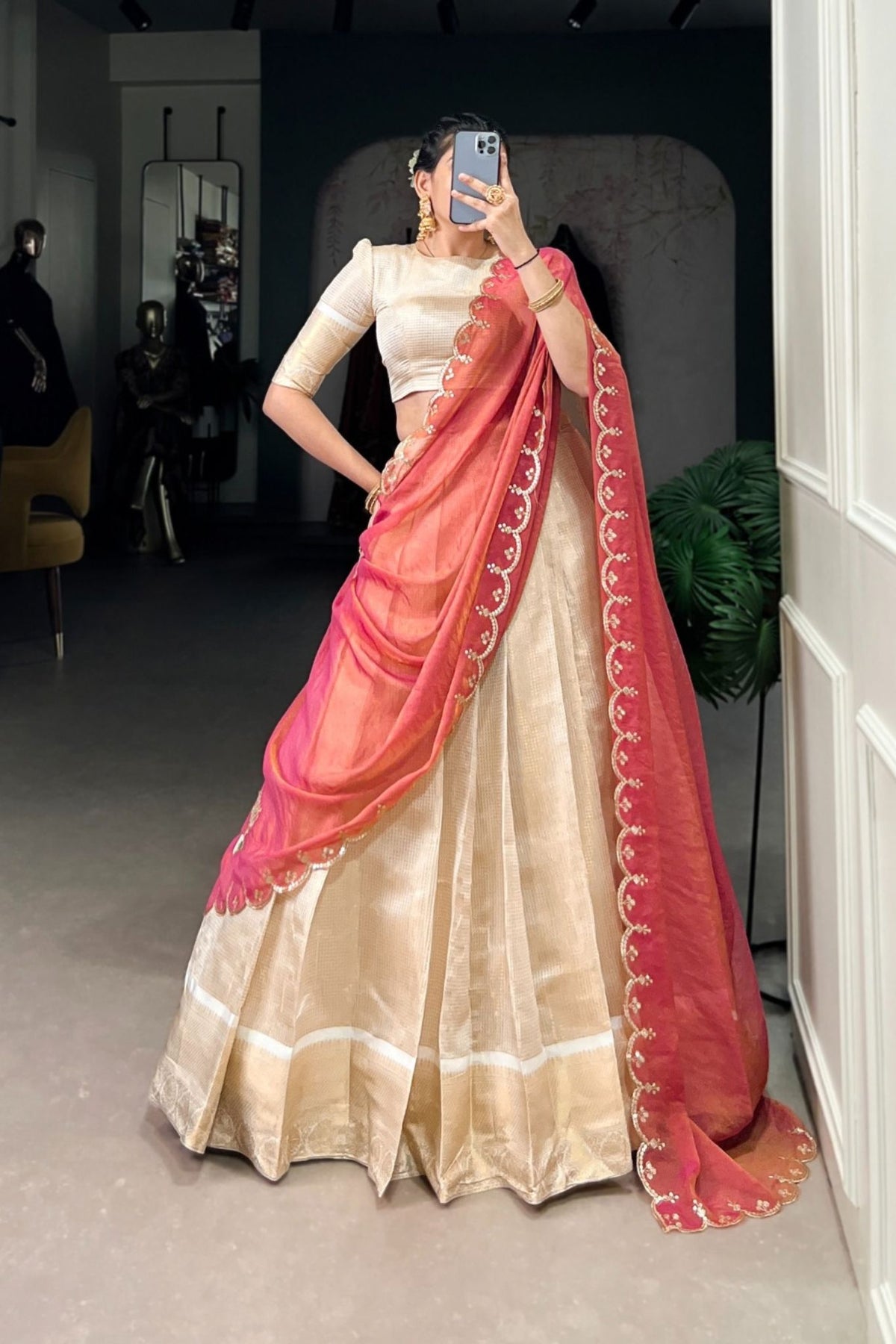 Jacquard Chex Zari Weaving Work Beautiful Lehenga Choli