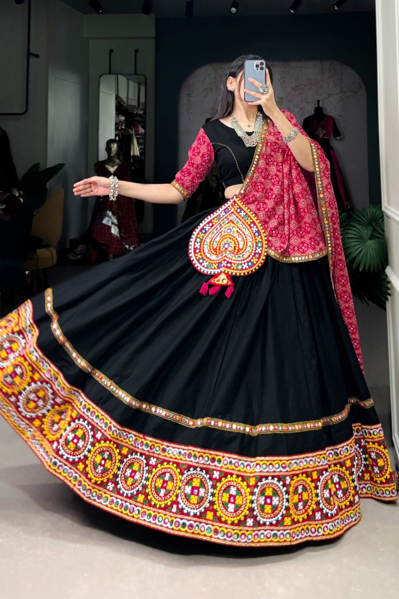 Black Pure Cotton Original Mirror Gamthi Work Navratri Lehenga Choli