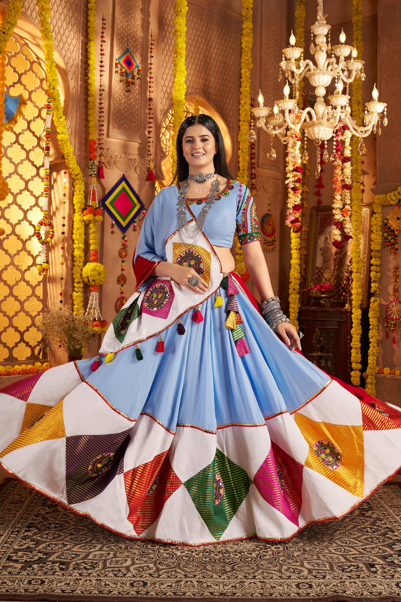 Light Blue Stunning Navratri Designer Viscose Cotton Lehenga Choli