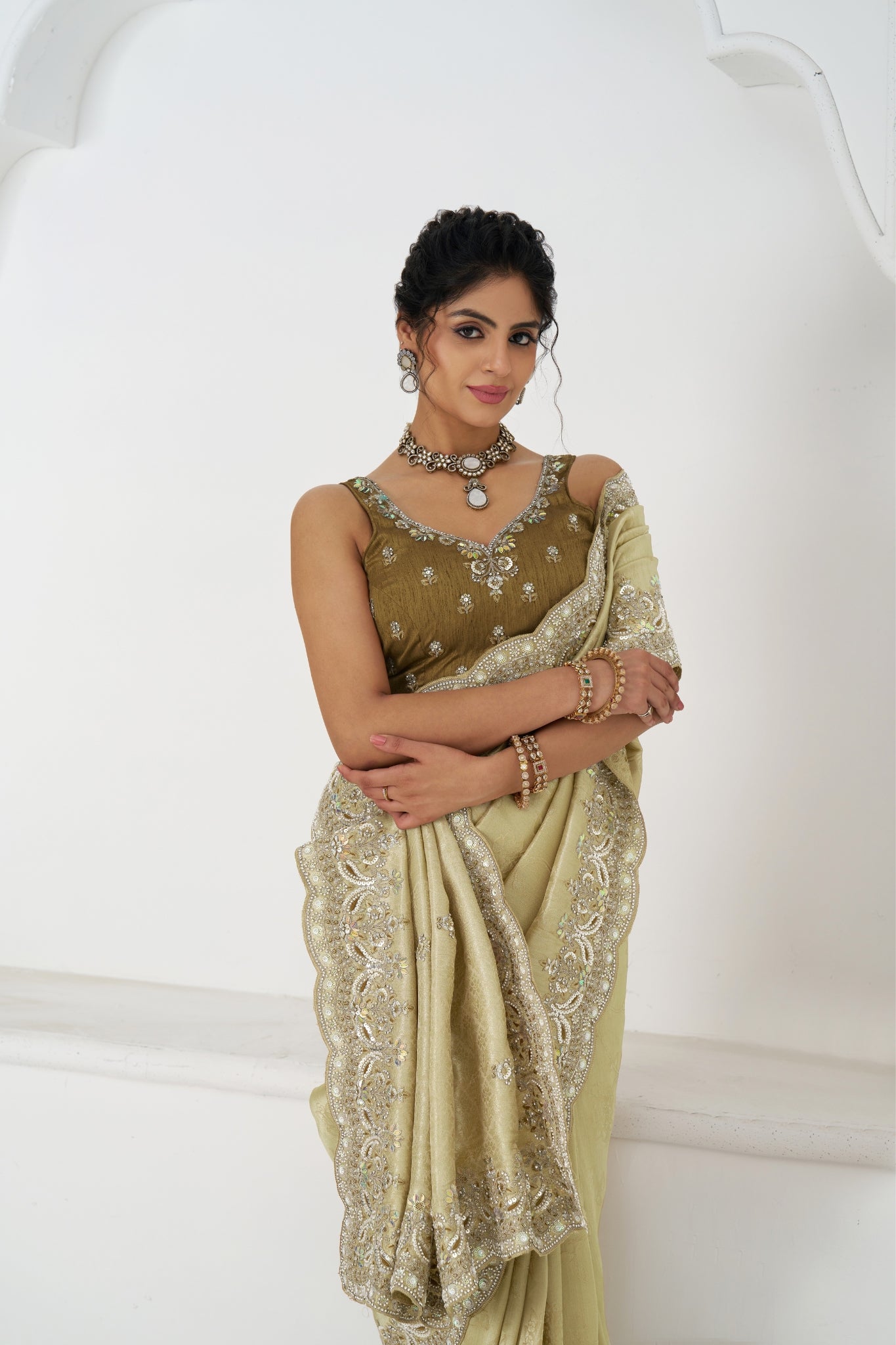 Champagne Dola Viscose Silk Saree For Wedding With Beads Embroidery & Sequins Work