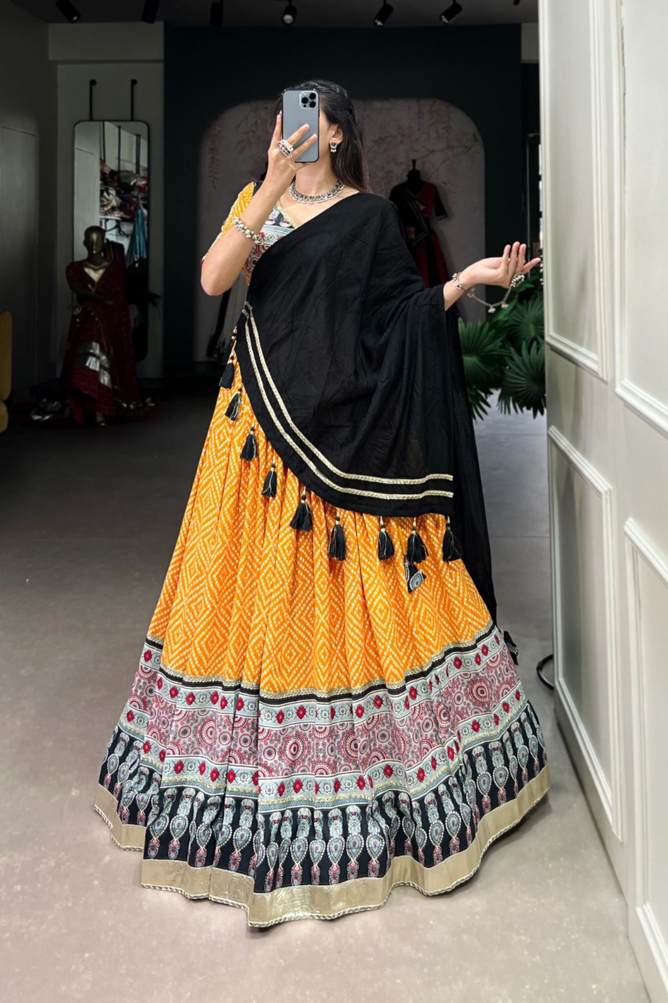 Bandhej With Ajrakh Printed Rayon Navratri Lehenga Choli