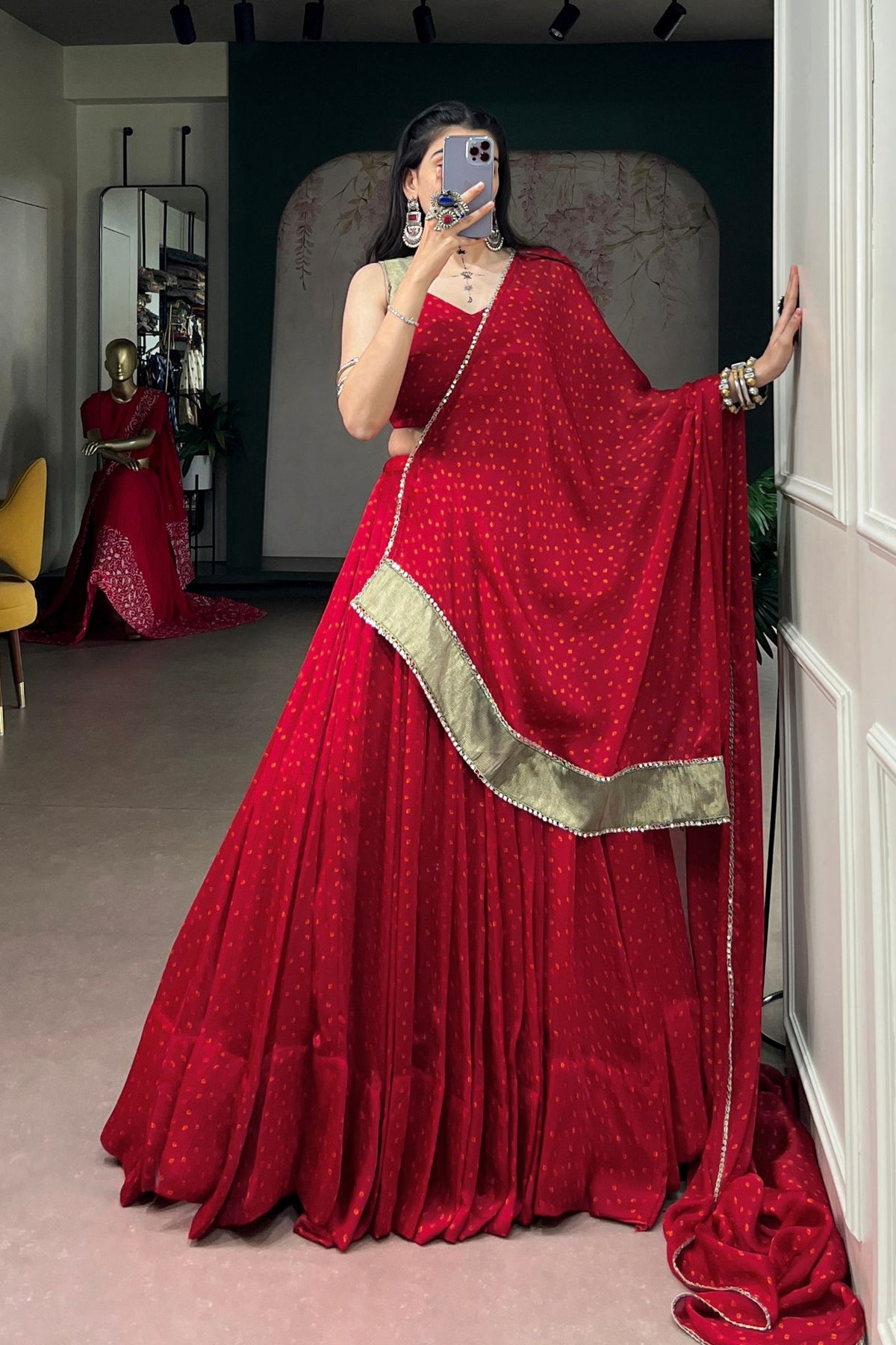 Red Traditional Bandhej Designer Navratri Lehenga Choli