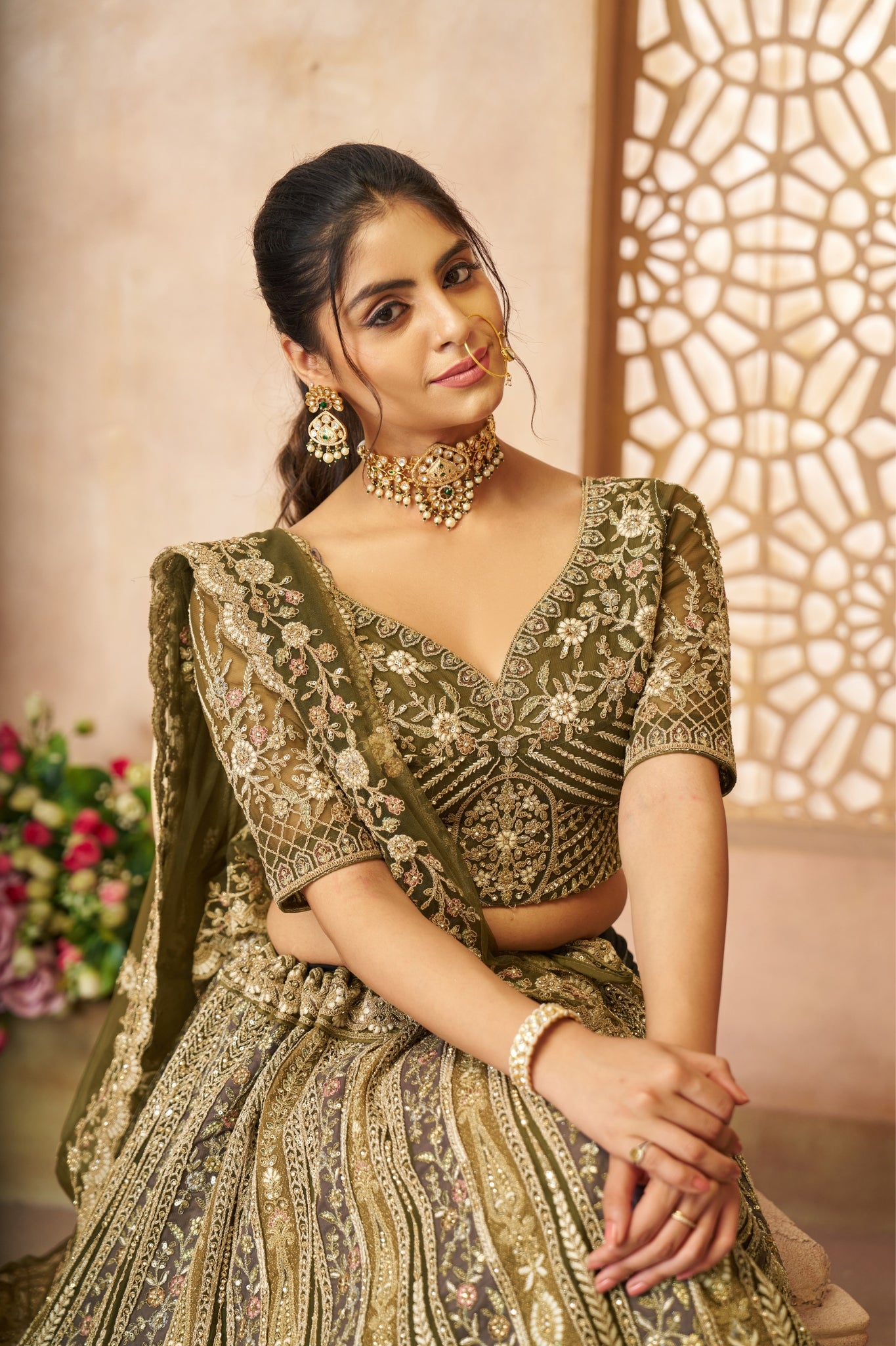 Stunning Designer Varying Embroidery With Tread Work Soft Net Wedding Lehenga Set