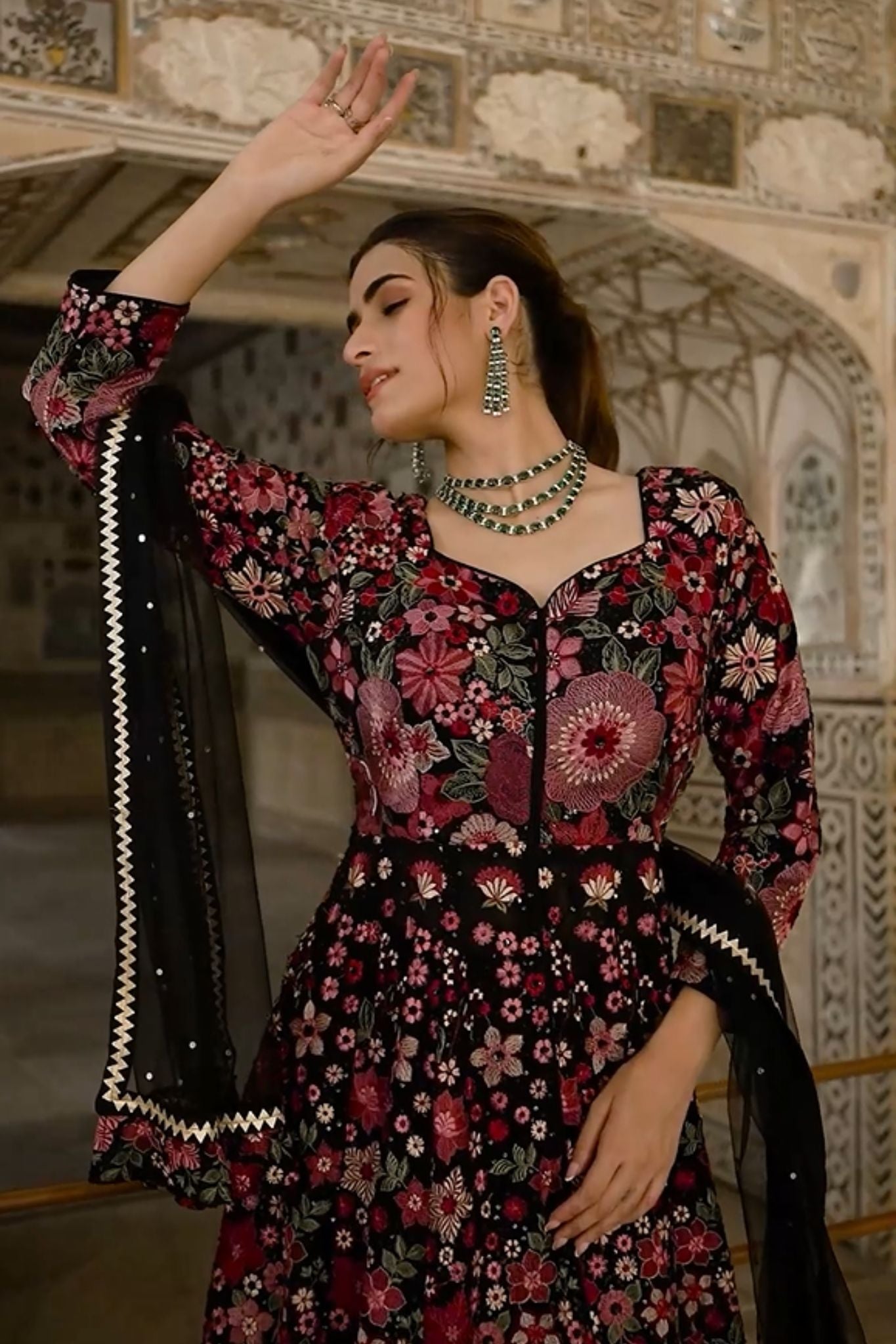 Black Indowestern Heavy  Resham Embroidered Anarkali And Lehenga Set