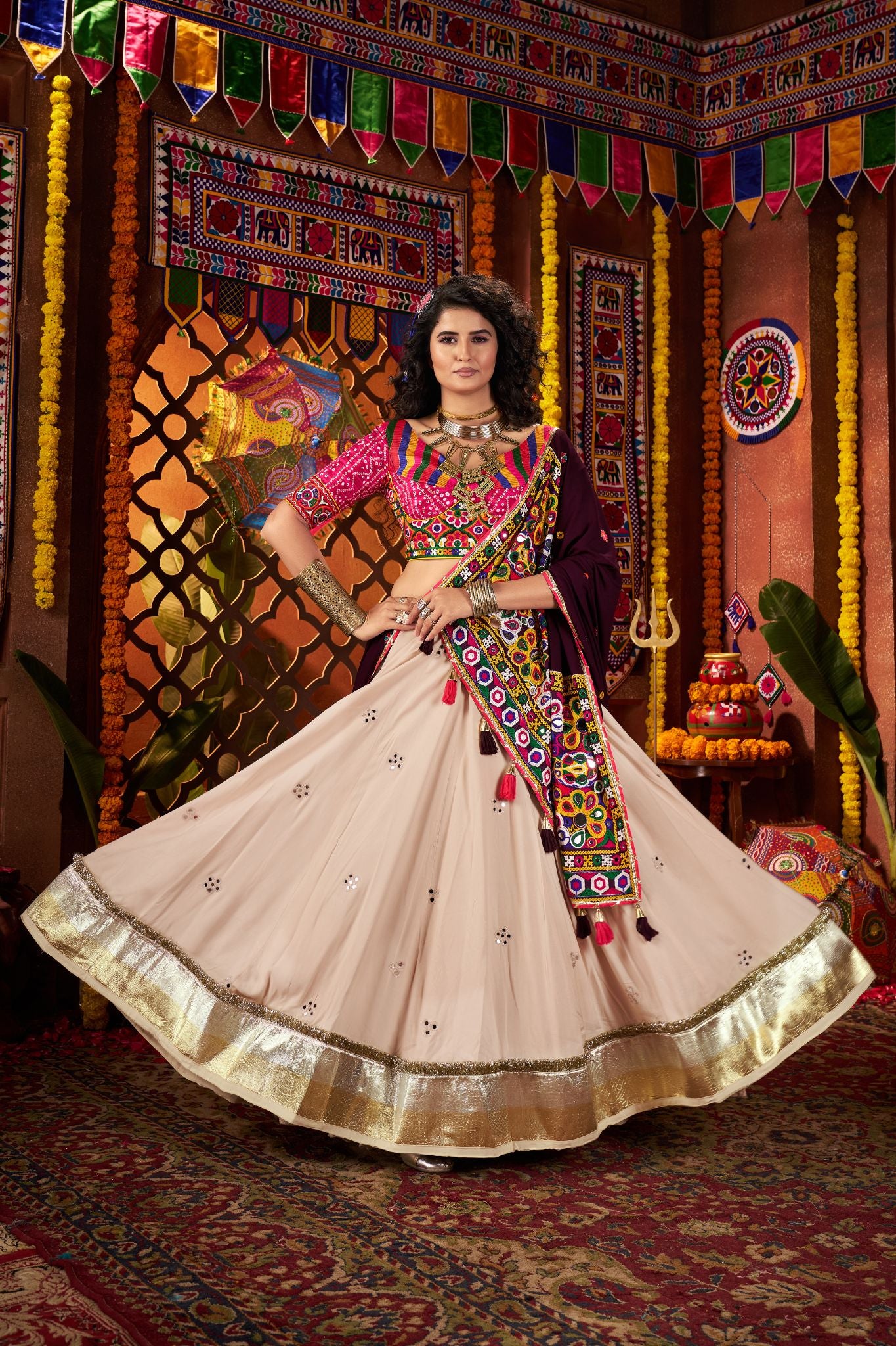 Navratri Special Kutchi Mirror Work Beige Lehenga Choli In Viscose Cotton