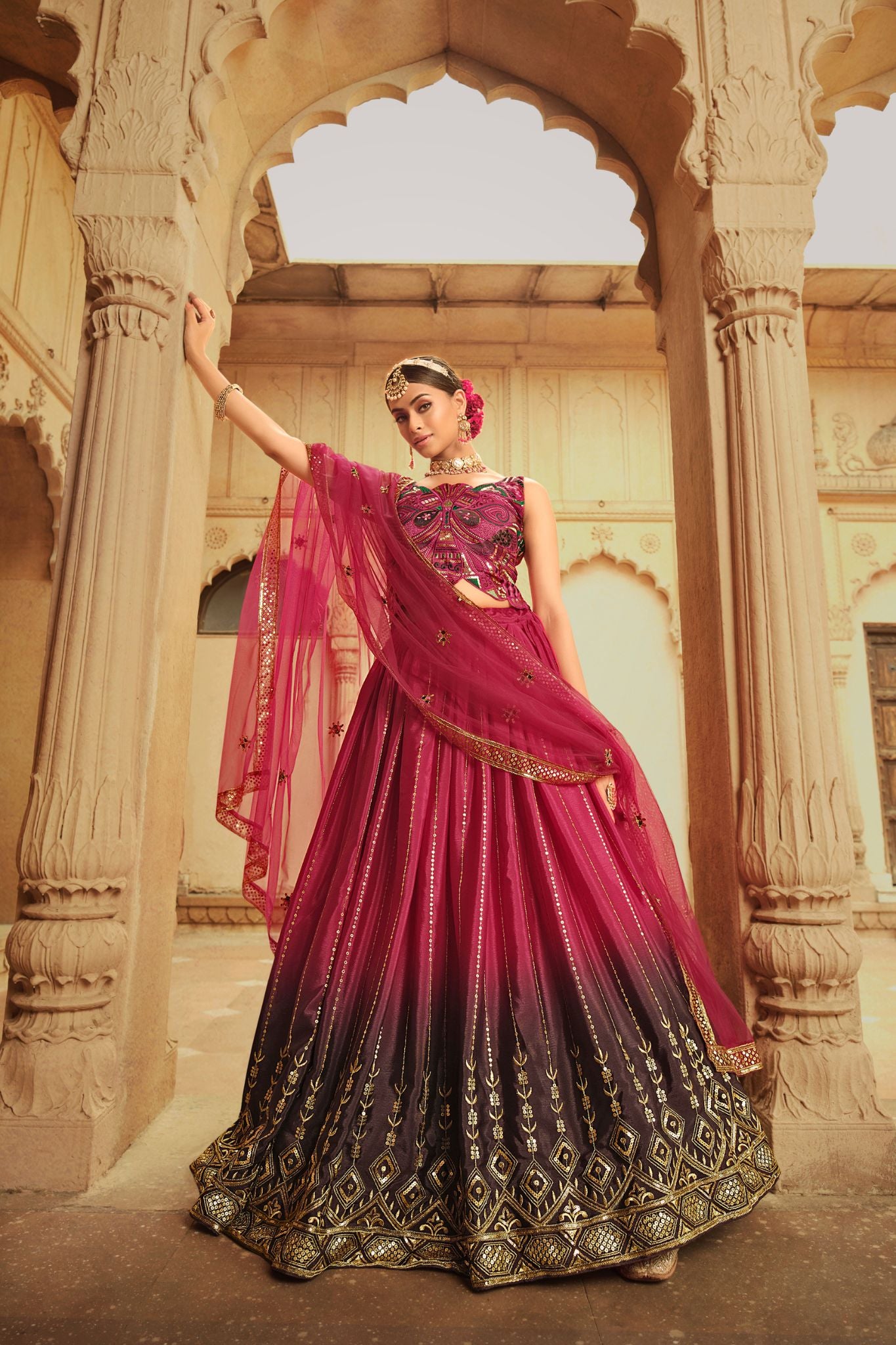 Deep Pink To Purple Thread With Sequince Embroidered Work Wedding Lehenga