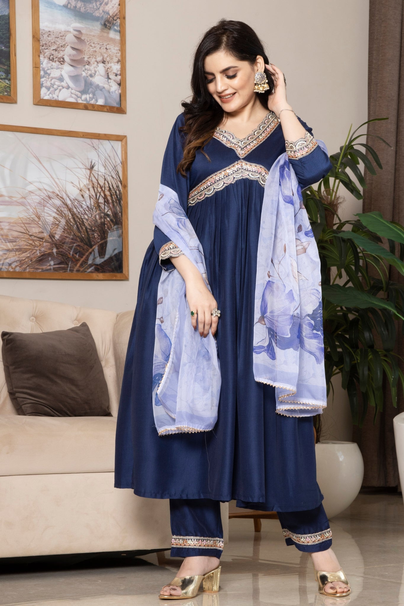 Navy Blue Embroidered Anarkali Suit With Floral Dupatta