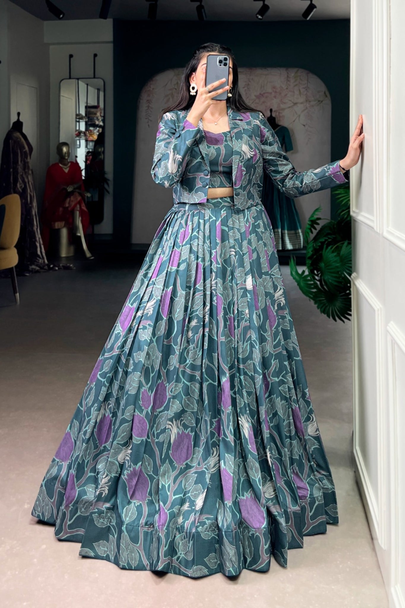 Premium Tasar Silk Printed Co Ord Lehenga Set With Koti