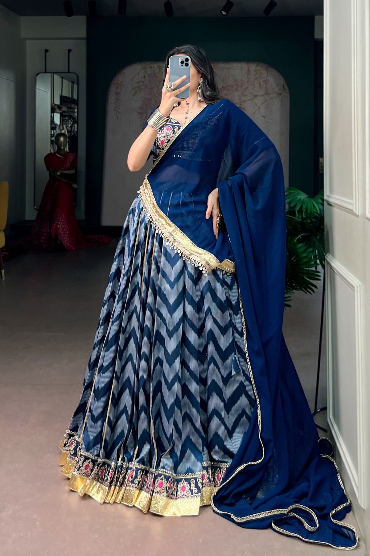 Designer Tasar Silk Mirror Work Navratri Chaniya Choli