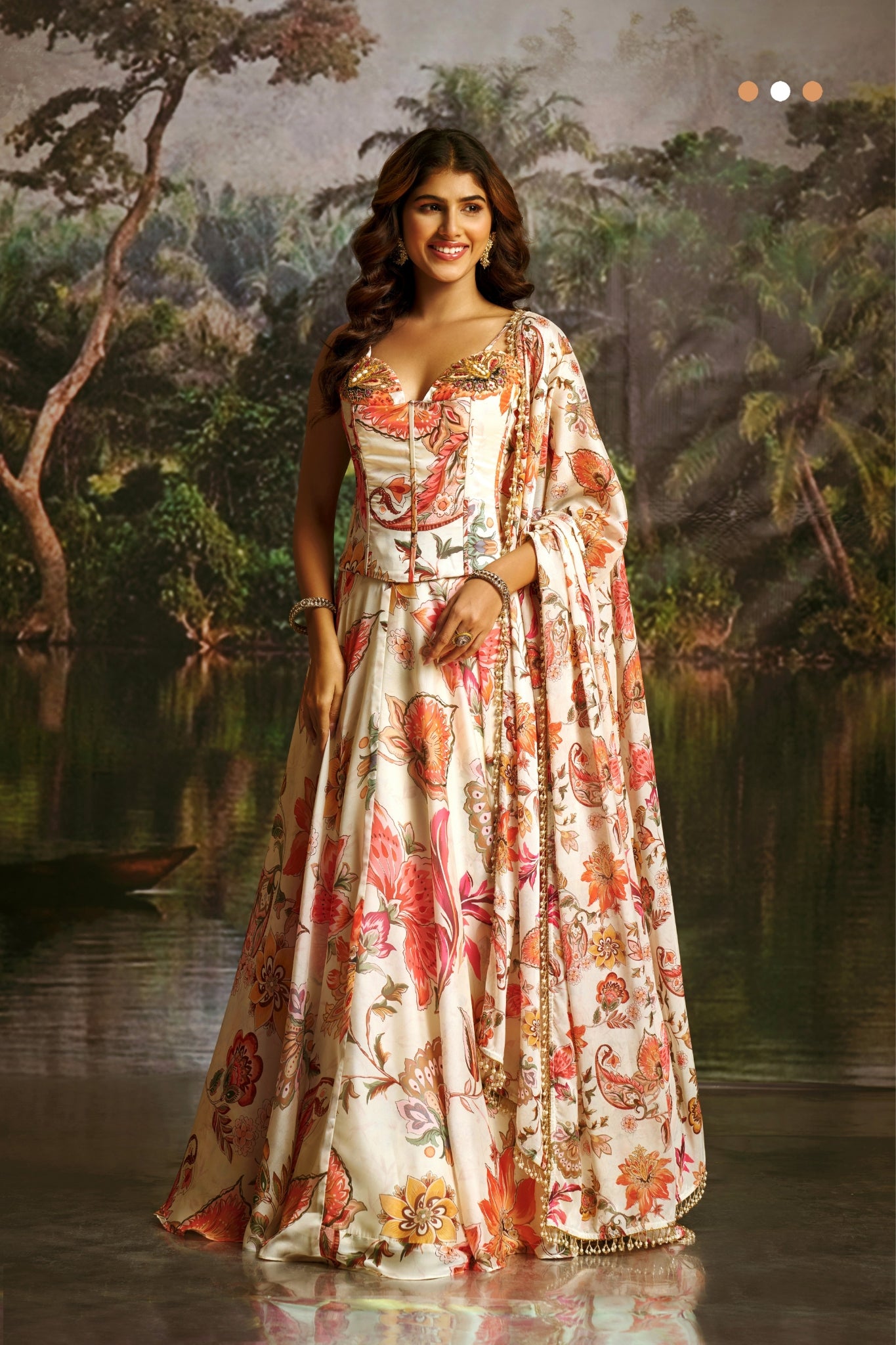 Off White Handwork Designer Corset Lehenga Set With Floral Prints