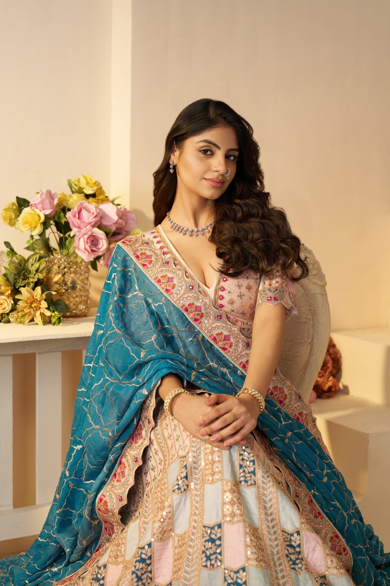 Beautiful Sky Blue Designer Printed With Sequins And Aari Work Wedding Lehenga Choli Set