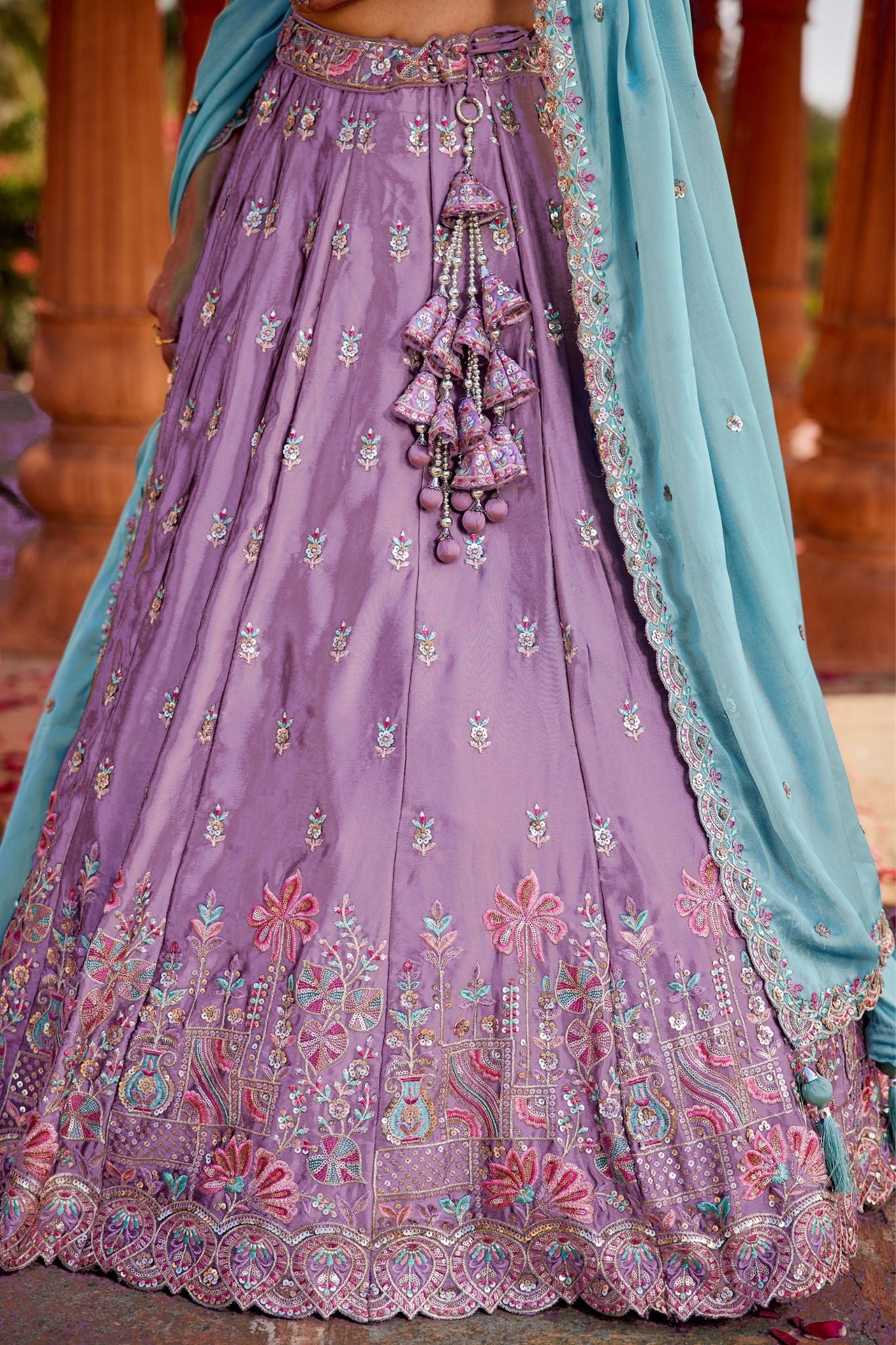 Lavender Rangoli Silk Designer Lehenga Choli With Aqua Blue Embroidered Dupatta