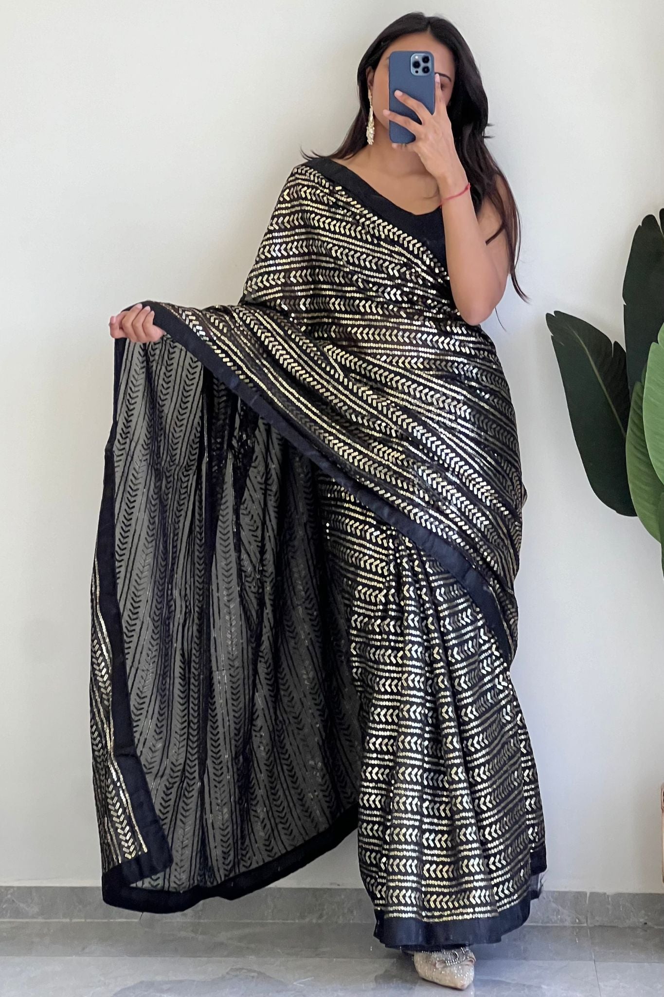 Black Georgette Sequence Worked Saree