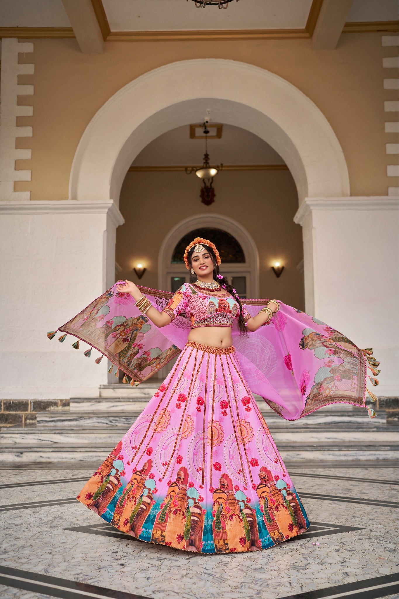 Royal Pink Art Silk Digital Print Lehenga Set With Handwork And Organza Dupatta