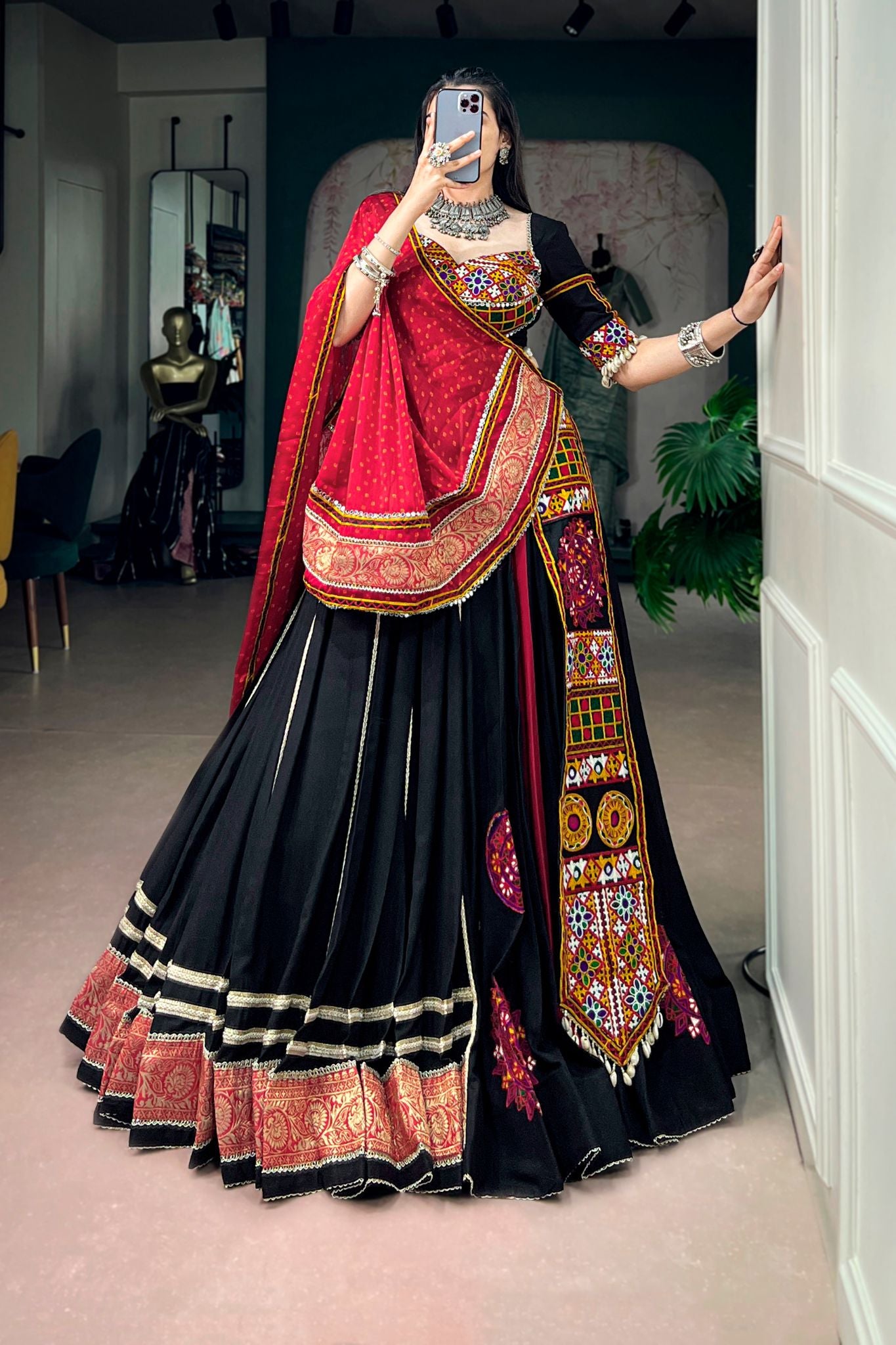 Raasrang Navratri Designer Black Lehenga Choli with Kutchi Embroidery & Bandhani Dupatta