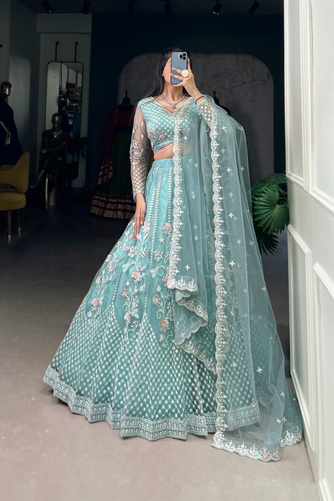 Designer Net Sequins Embroidered Lehenga Set With Dupatta