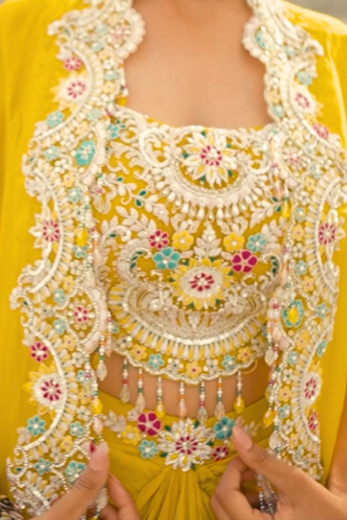 Yellow Dori Embroidered Croptop Skirt Set With Stylish Jacket